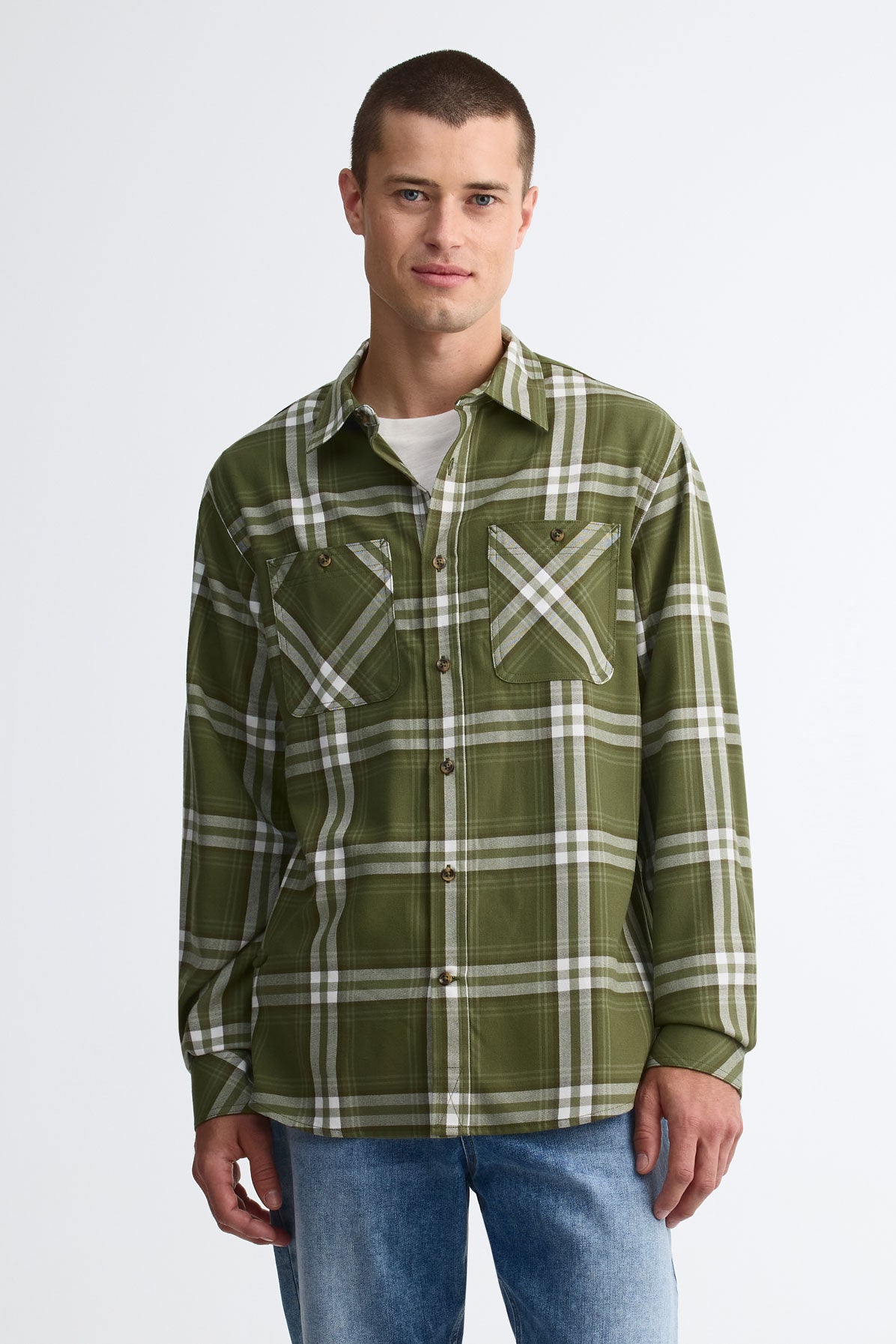 Chemise à manches longues en flanelle - Homme && KAKI/MULTI