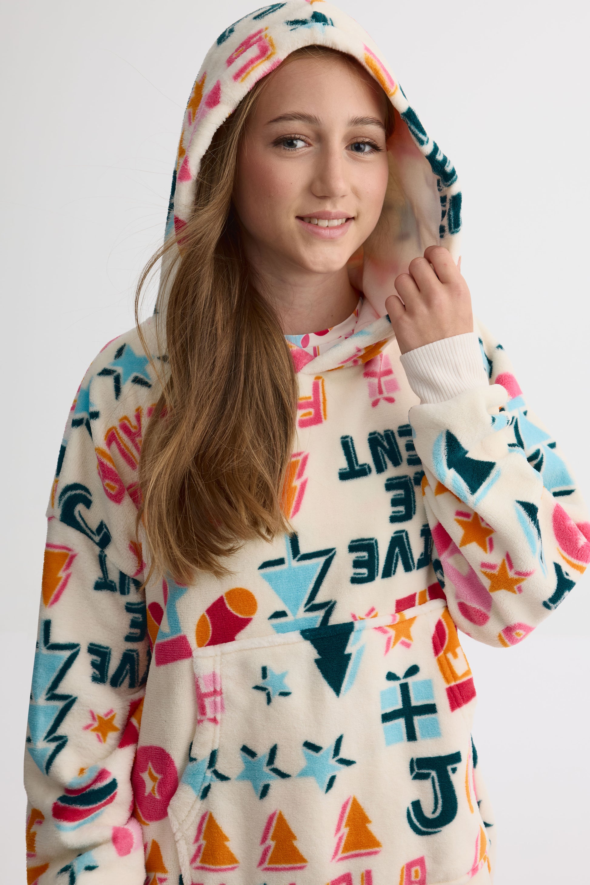 Chandail oversize à capuchon – Ado fille && BLANC CASSÉ/MULTI