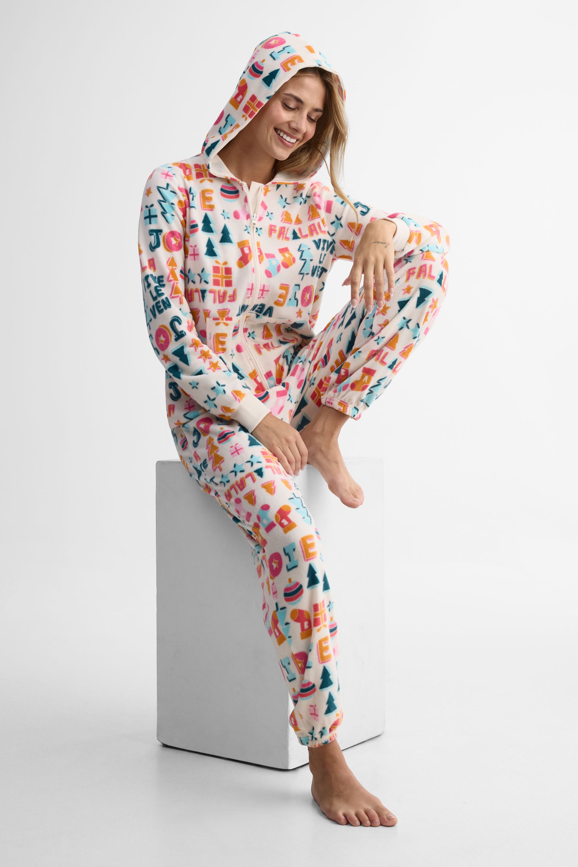 Pyjama 1 pièce avec capuchon - Femme && BLANC CASSÉ/MULTI