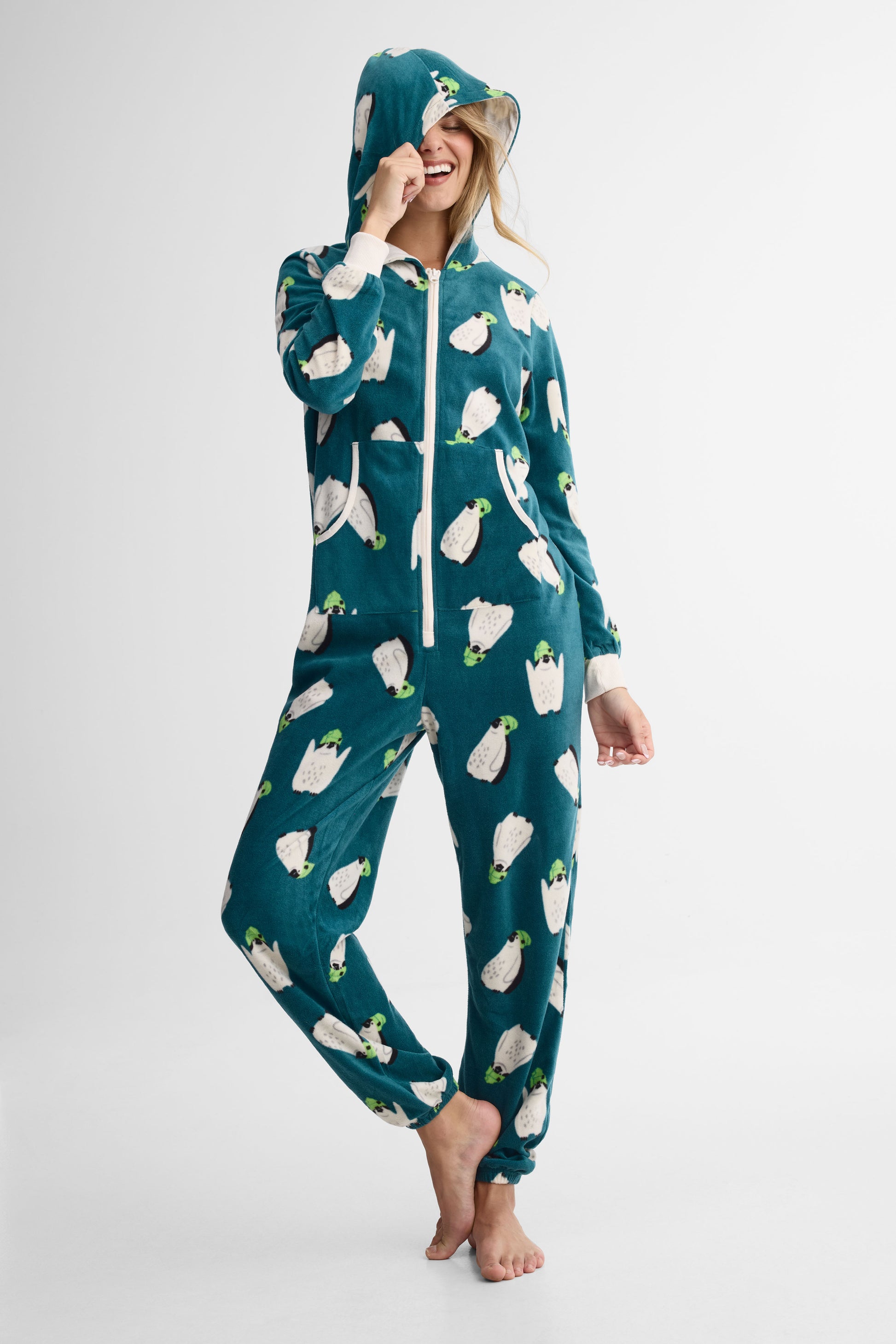 Pyjama 1 pièce capuchon en micropolar - Femme && VERT/MULTI