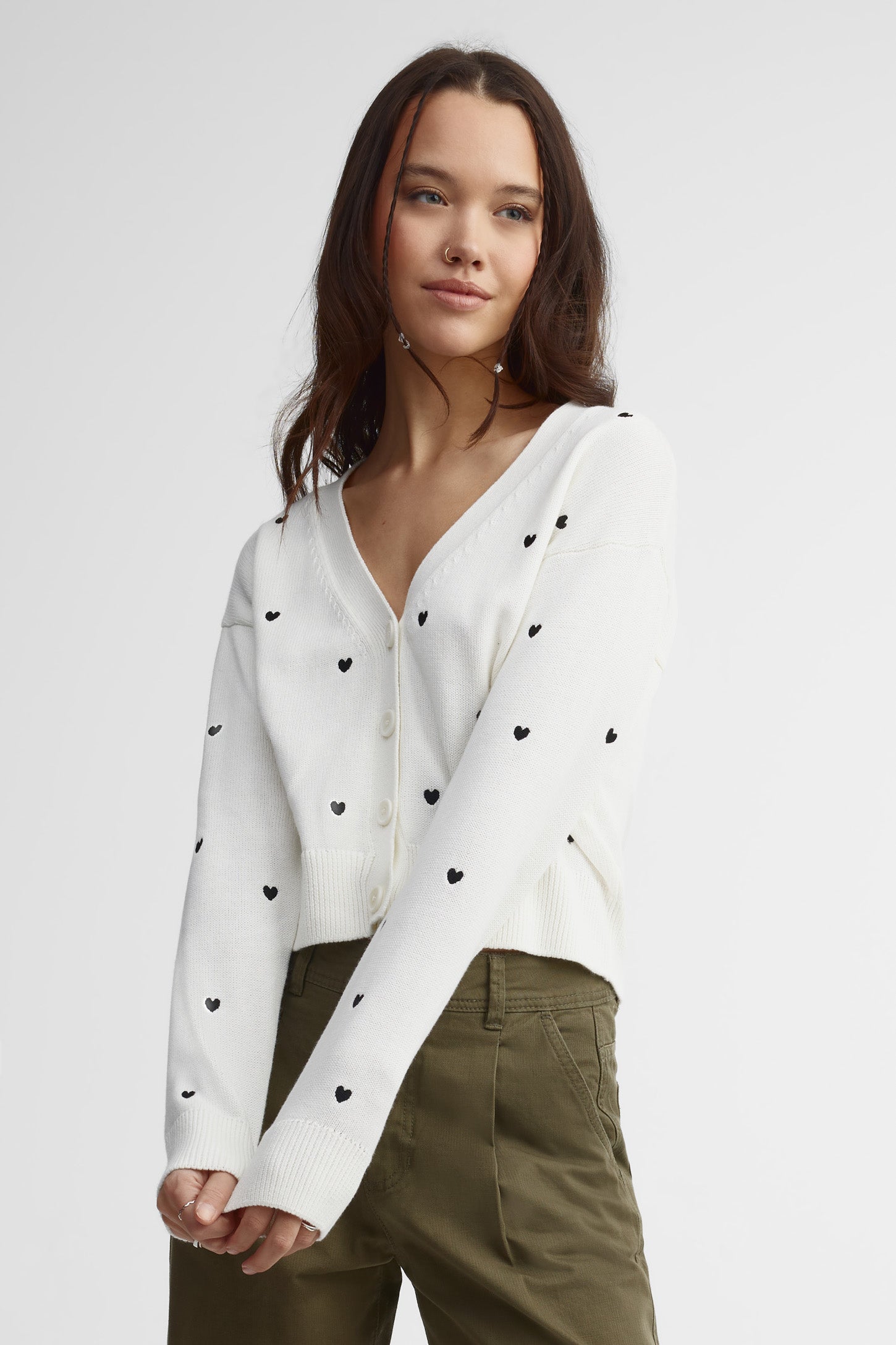 Cardigan tricot cœurs brodés - Femme && IVOIRE/MULTI