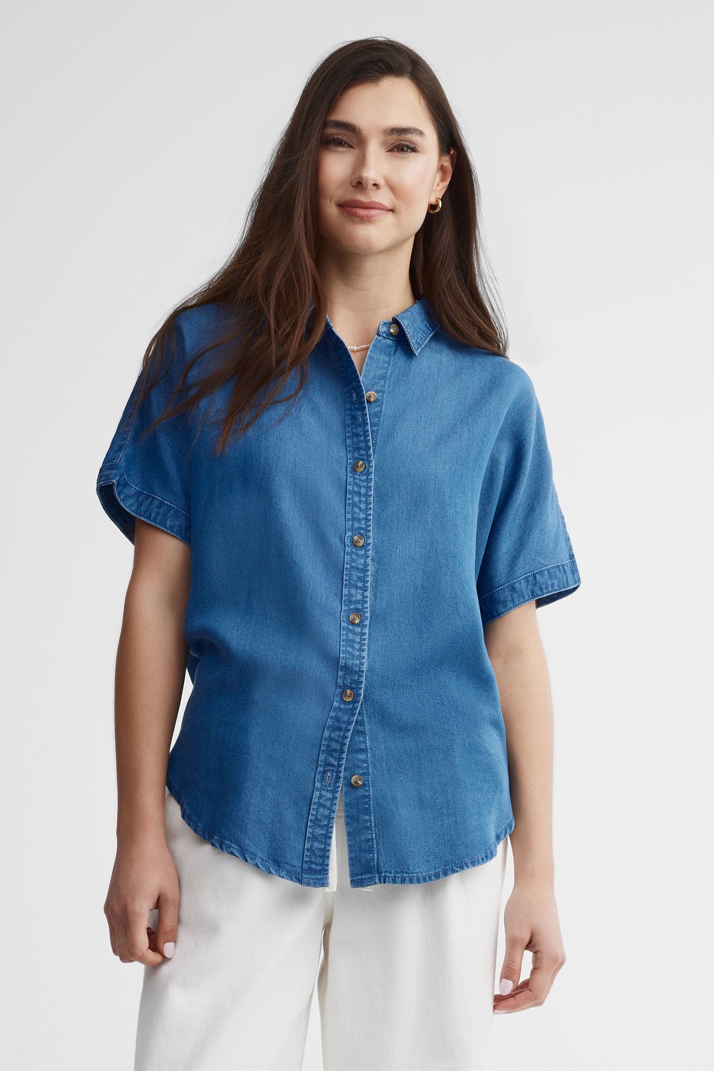 Chemisier manches courtes en lyocell - Femme && BLEU FONCE