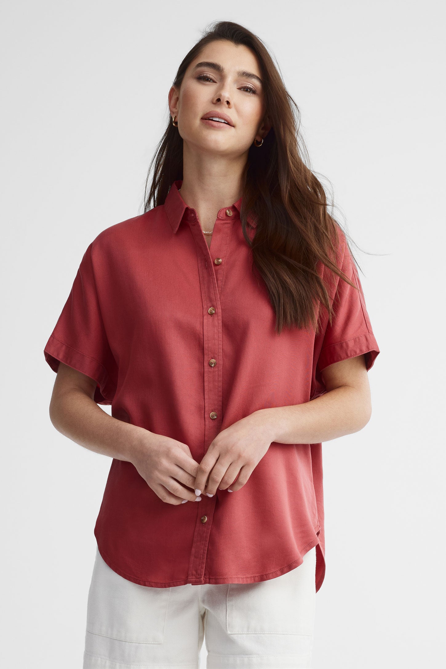 Chemisier manches courtes en lyocell - Femme && ROUGE