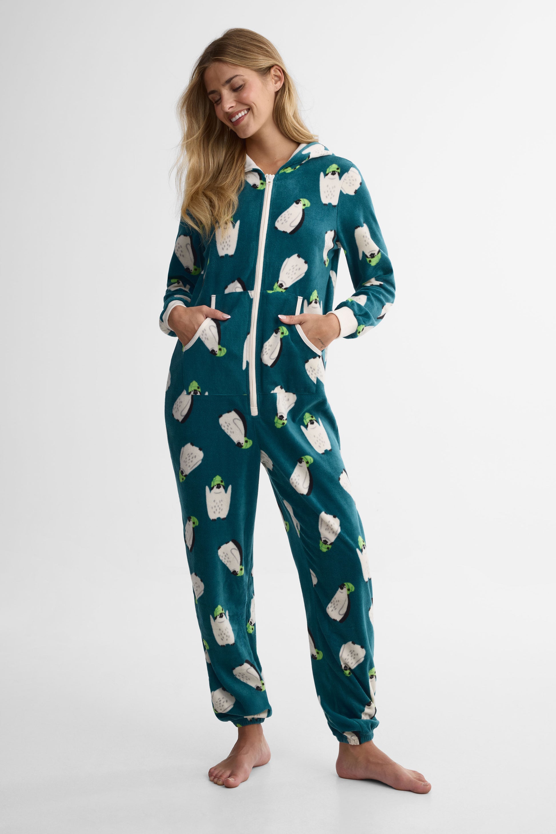 Pyjama 1 pièce capuchon en micropolar - Femme && VERT/MULTI