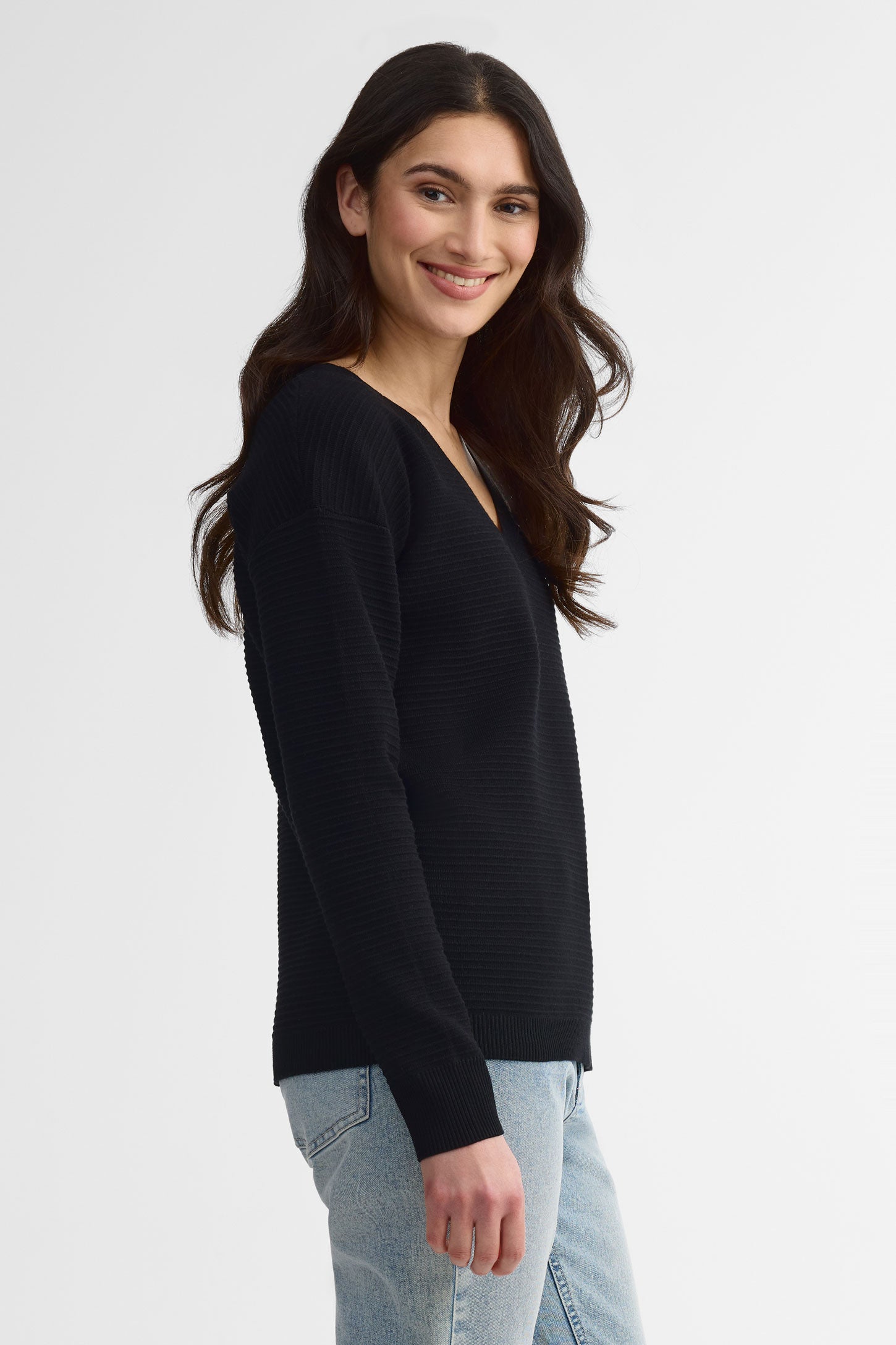 Chandail col en V tricot Ottoman - Femme && NOIR