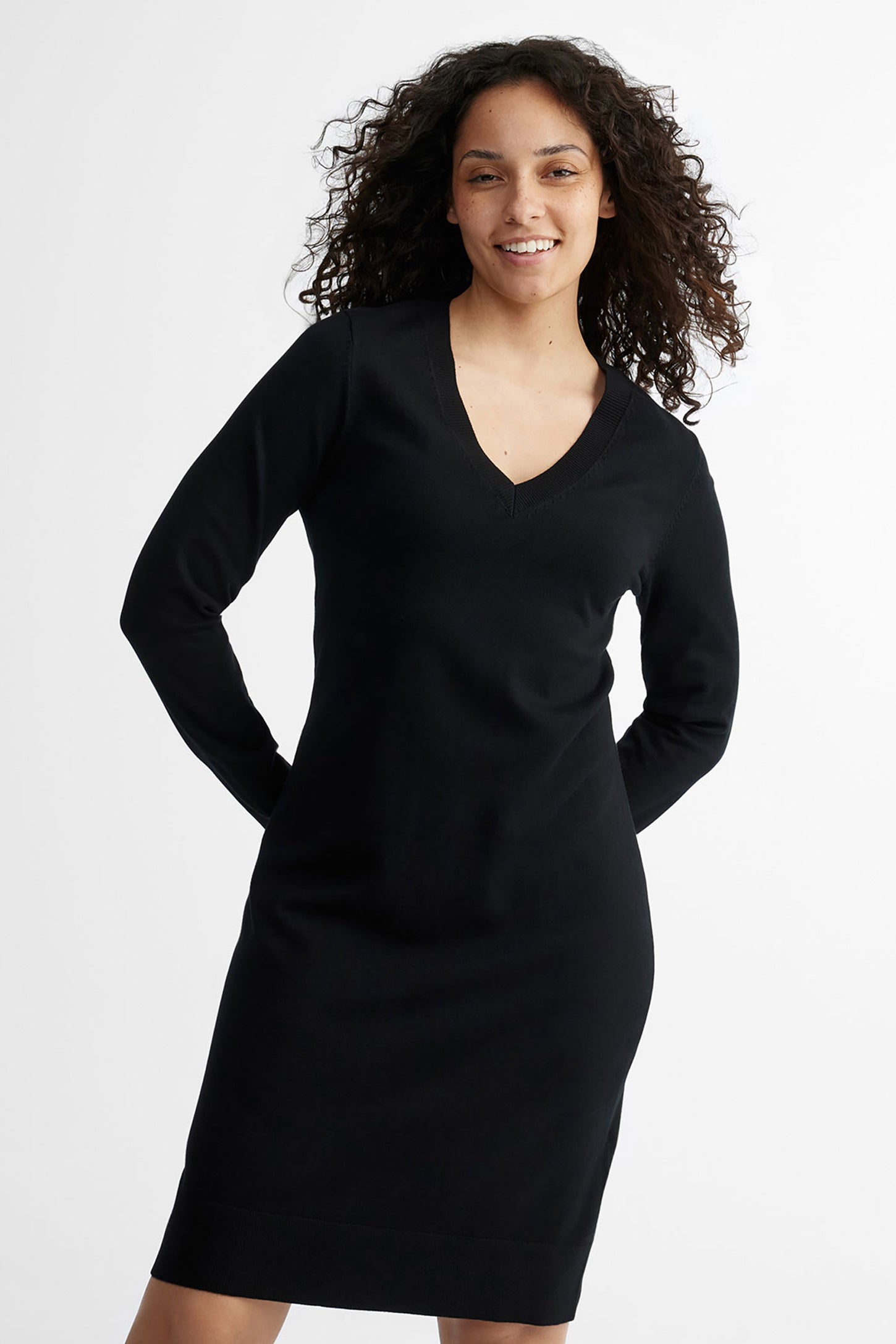 Robe col en V coupe semi-ajustée - Femme && NOIR