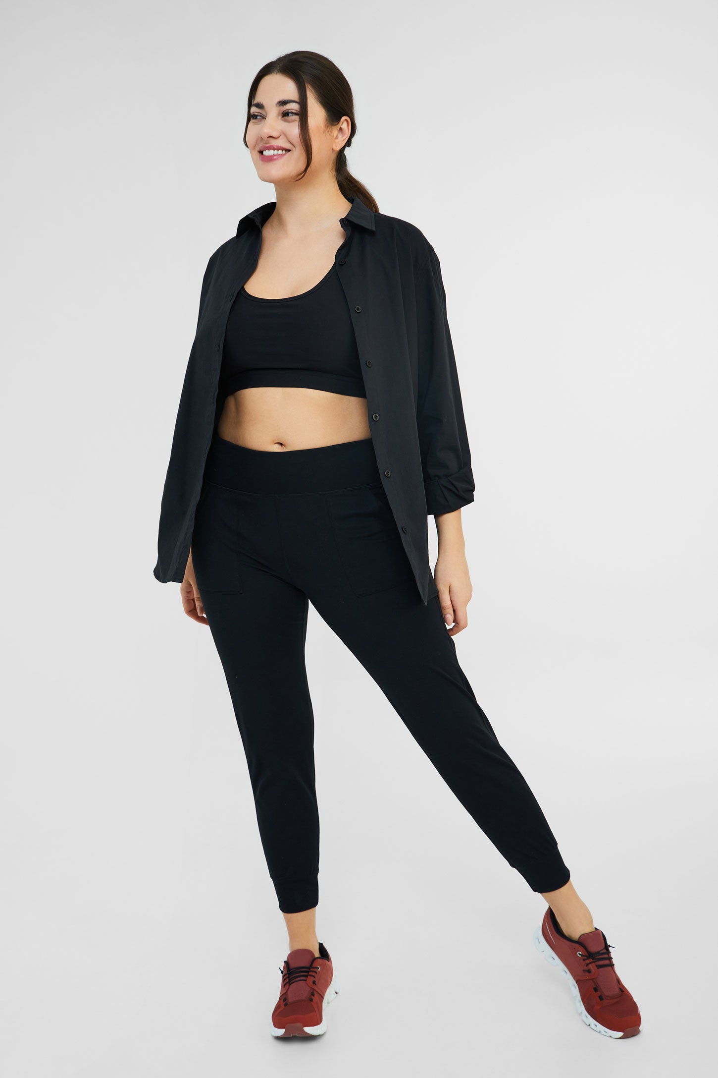 Pantalon de sport uni à taille haute - Femme && NOIR