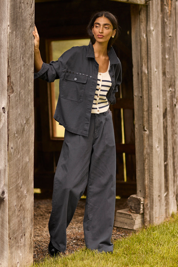 Pantalon jambe large taille haute en twill - Femme && CHARBON