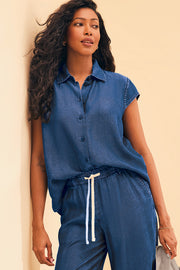 Chemisier M/courtes loose fit en lyocell - Femme && BLEU FONCE