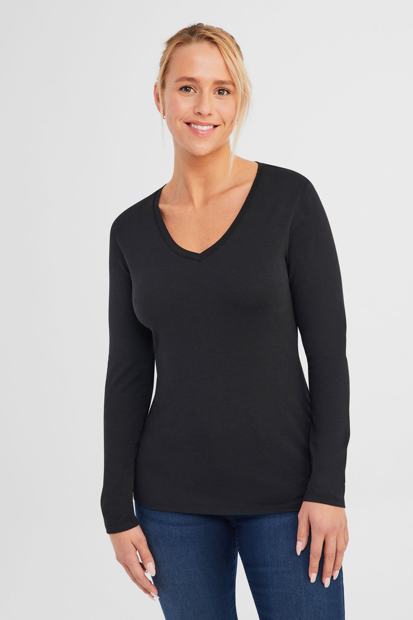 Chandail à col en V en coton bio - Femme && NOIR