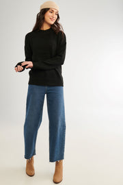 Chandail manches longues, tricot brossé - Femme && NOIR