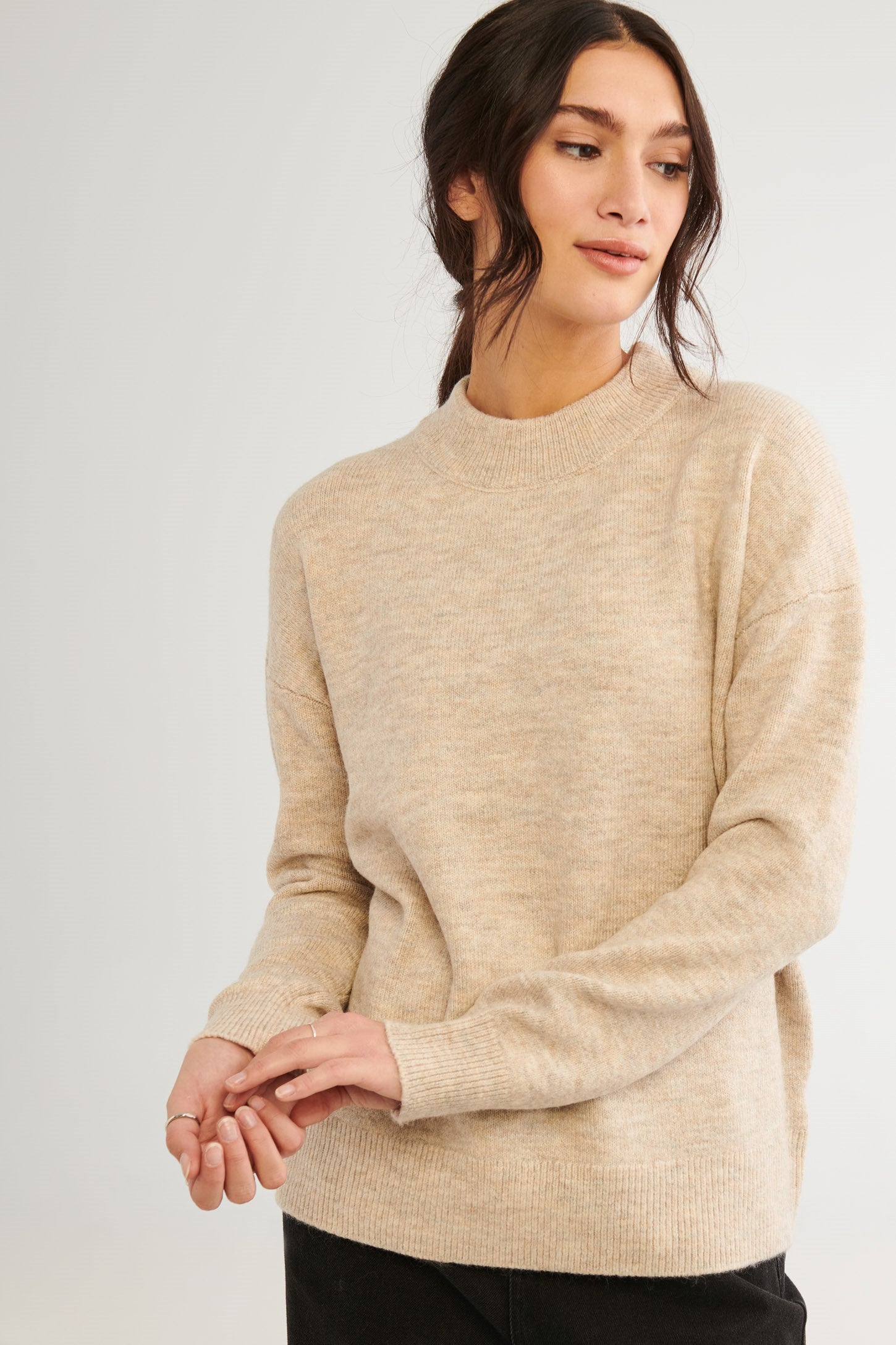 Chandail manches longues, tricot brossé - Femme && OATMEAL