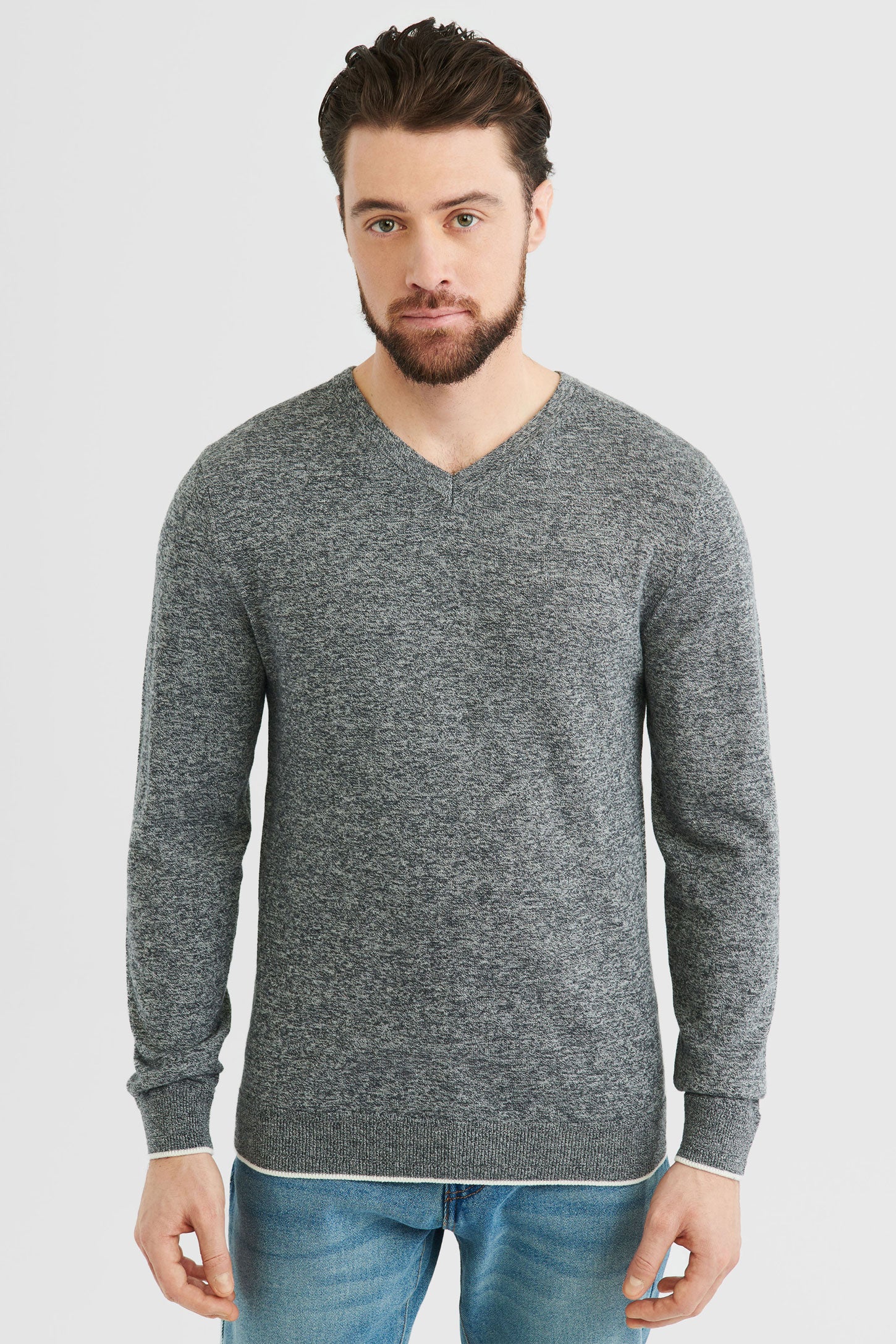 Chandail tricot col en V - Homme && GRIS MIXTE