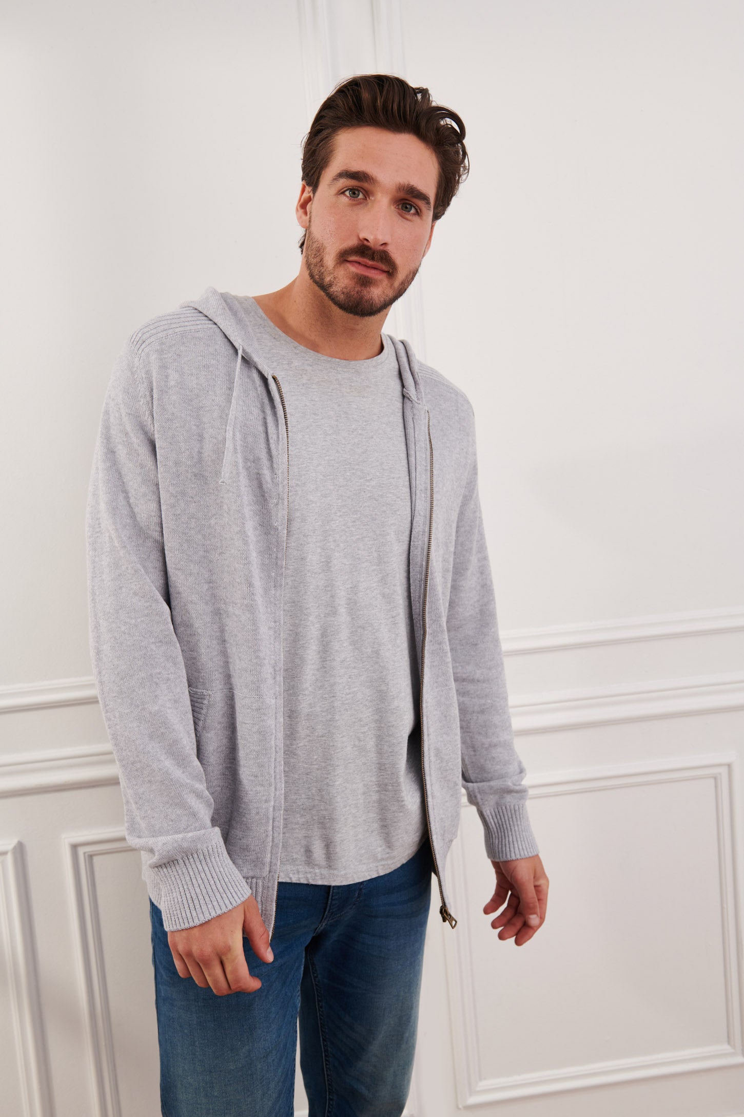 Cardigan en tricot à capuchon - Homme && GRIS CHINÉ