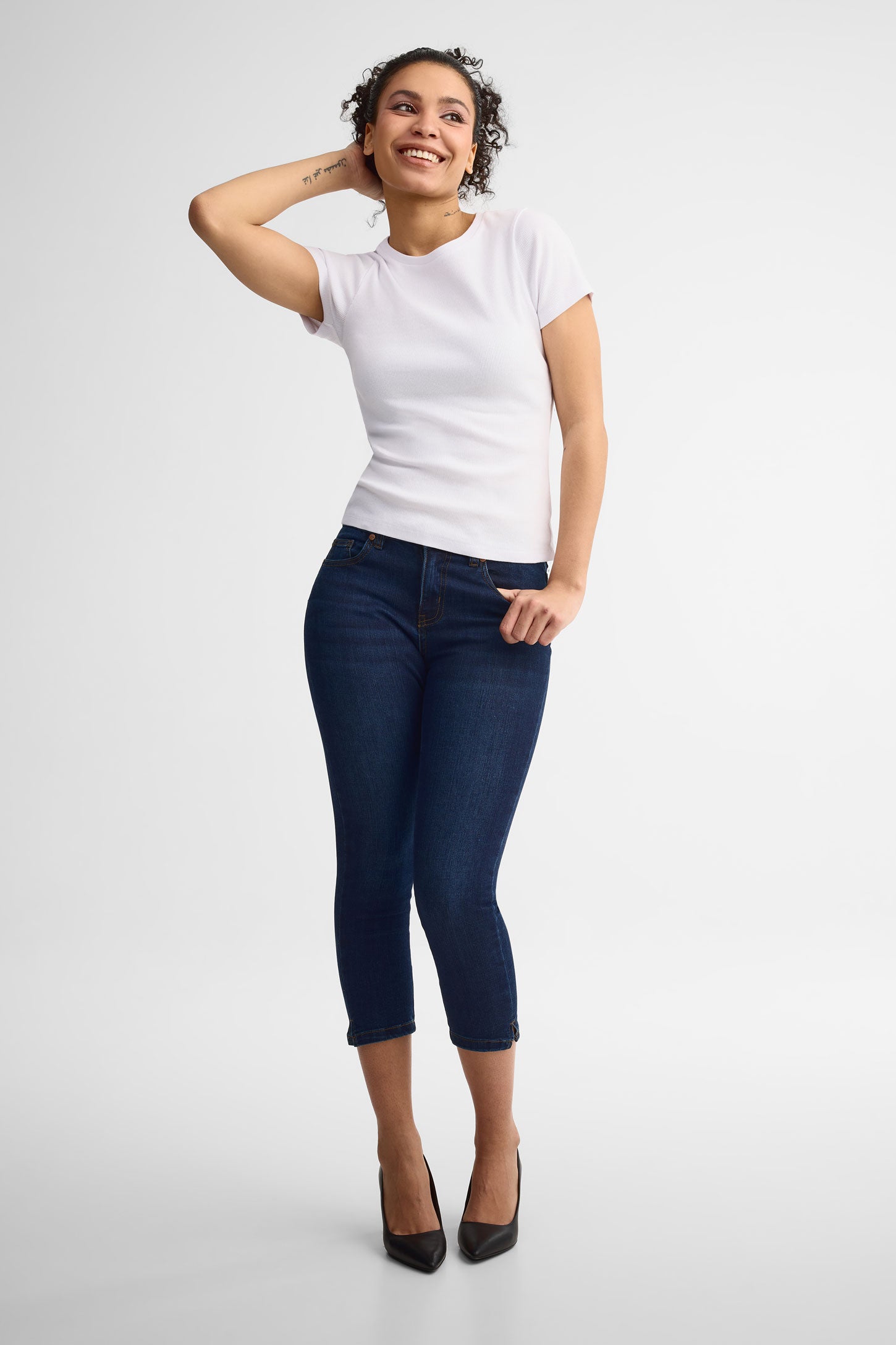 Capri 5 poches en jeans - Femme && BLEU FONCÉ