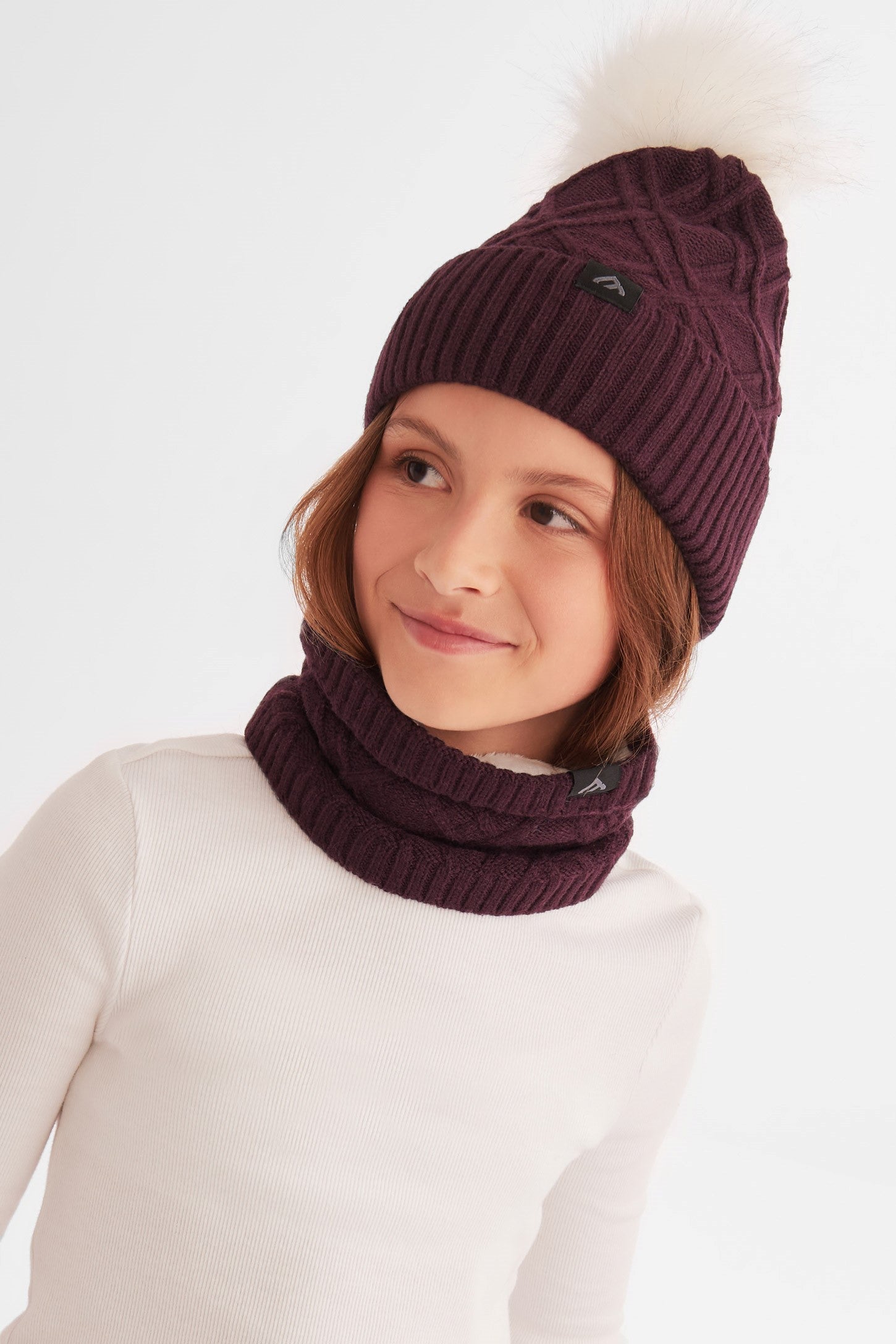 Tuque à pompon tricot câble doublée BM - Ado fille && MAUVE FONCE