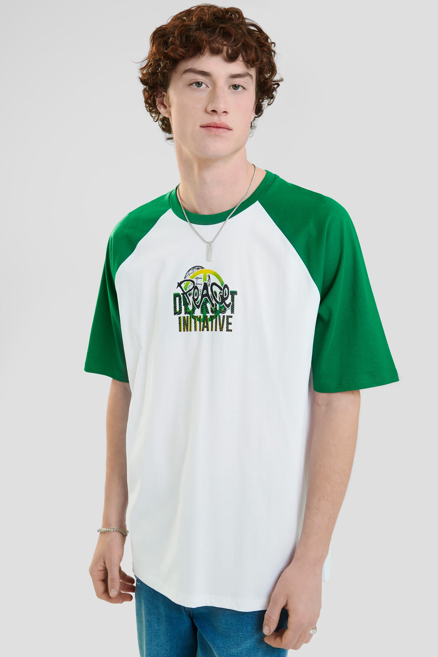 T-shirt manches courtes raglan en coton - Homme && VERT/MULTI