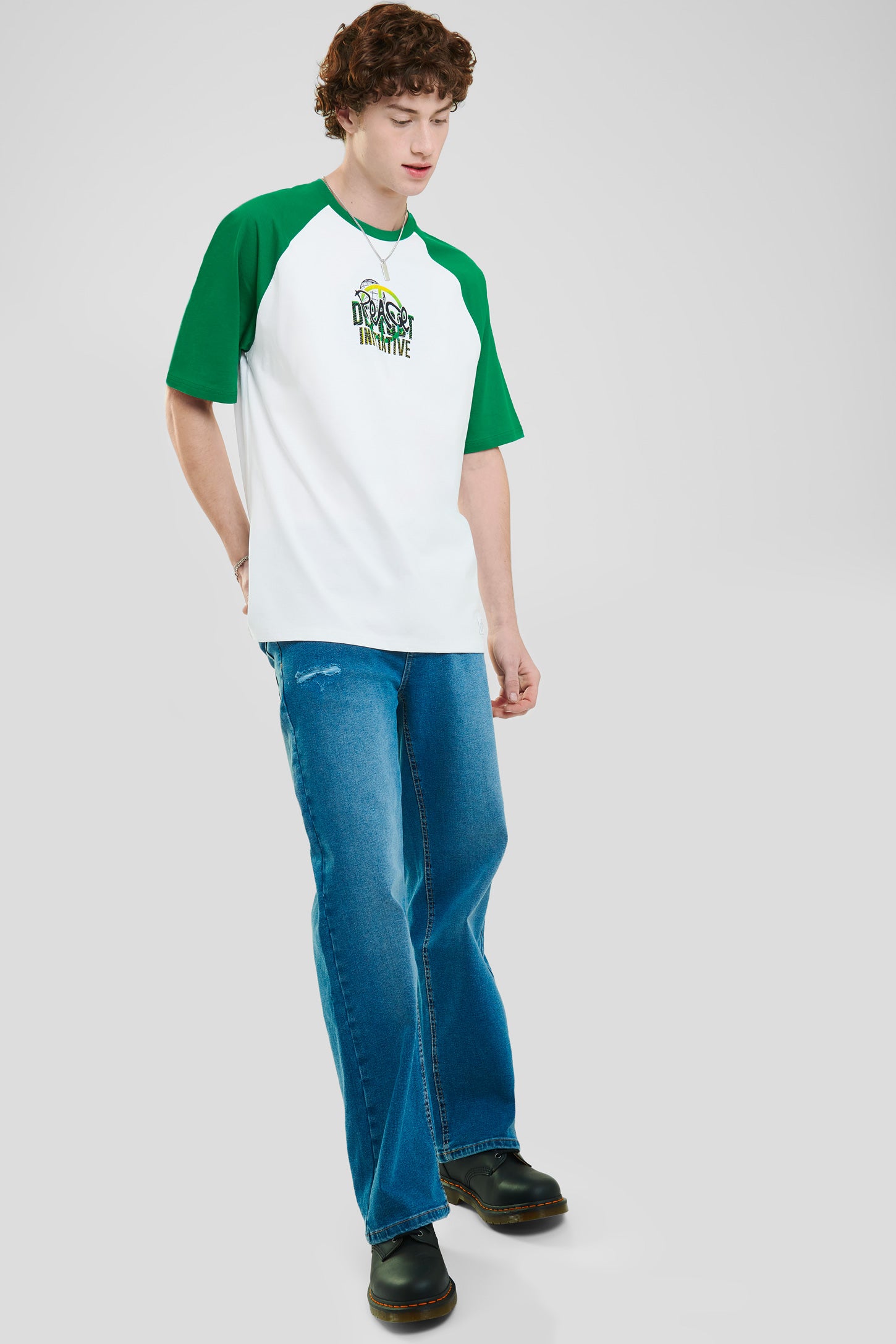 T-shirt manches courtes raglan en coton - Homme && VERT/MULTI