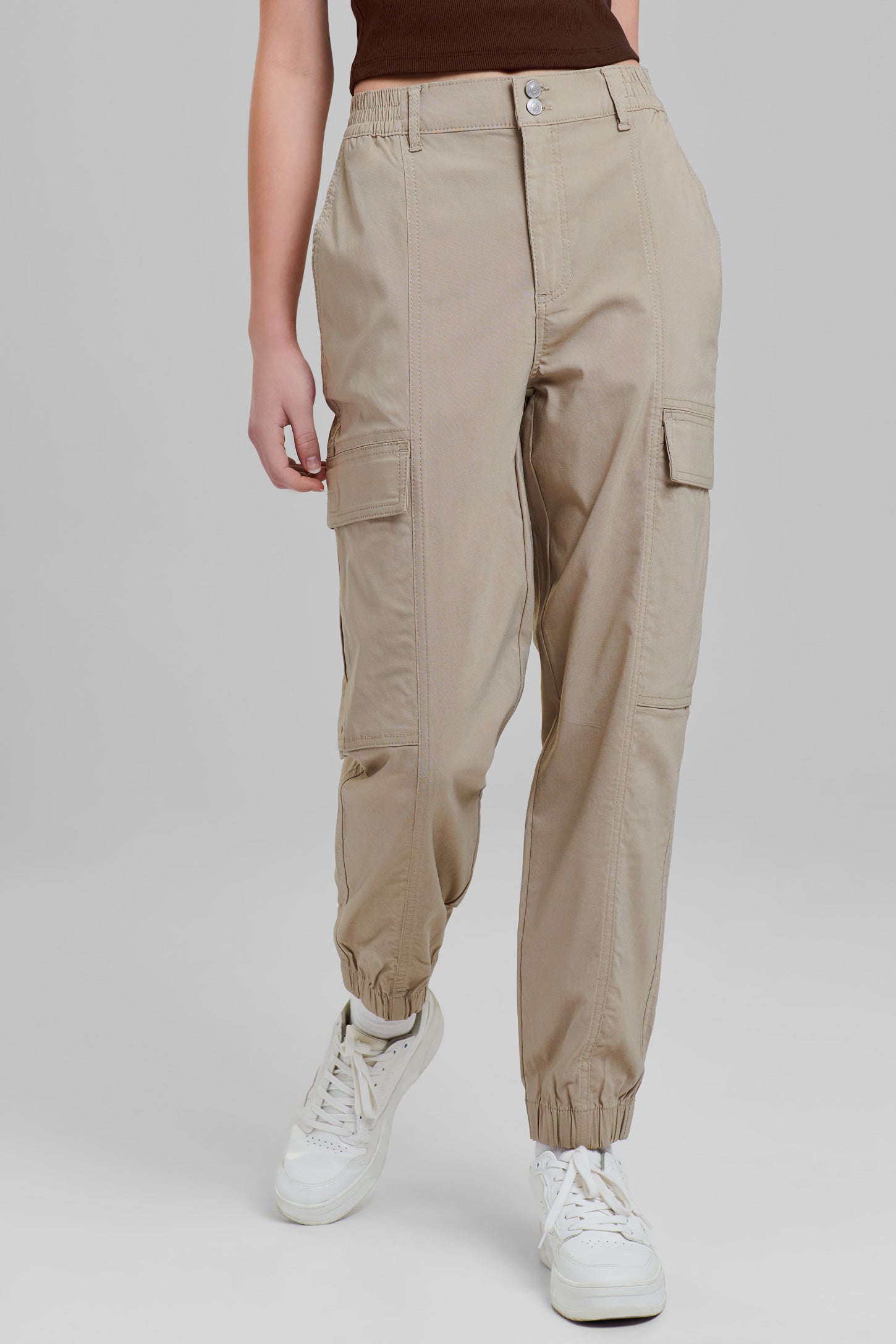 Pantalon cargo ballon taille haute - Femme && BEIGE