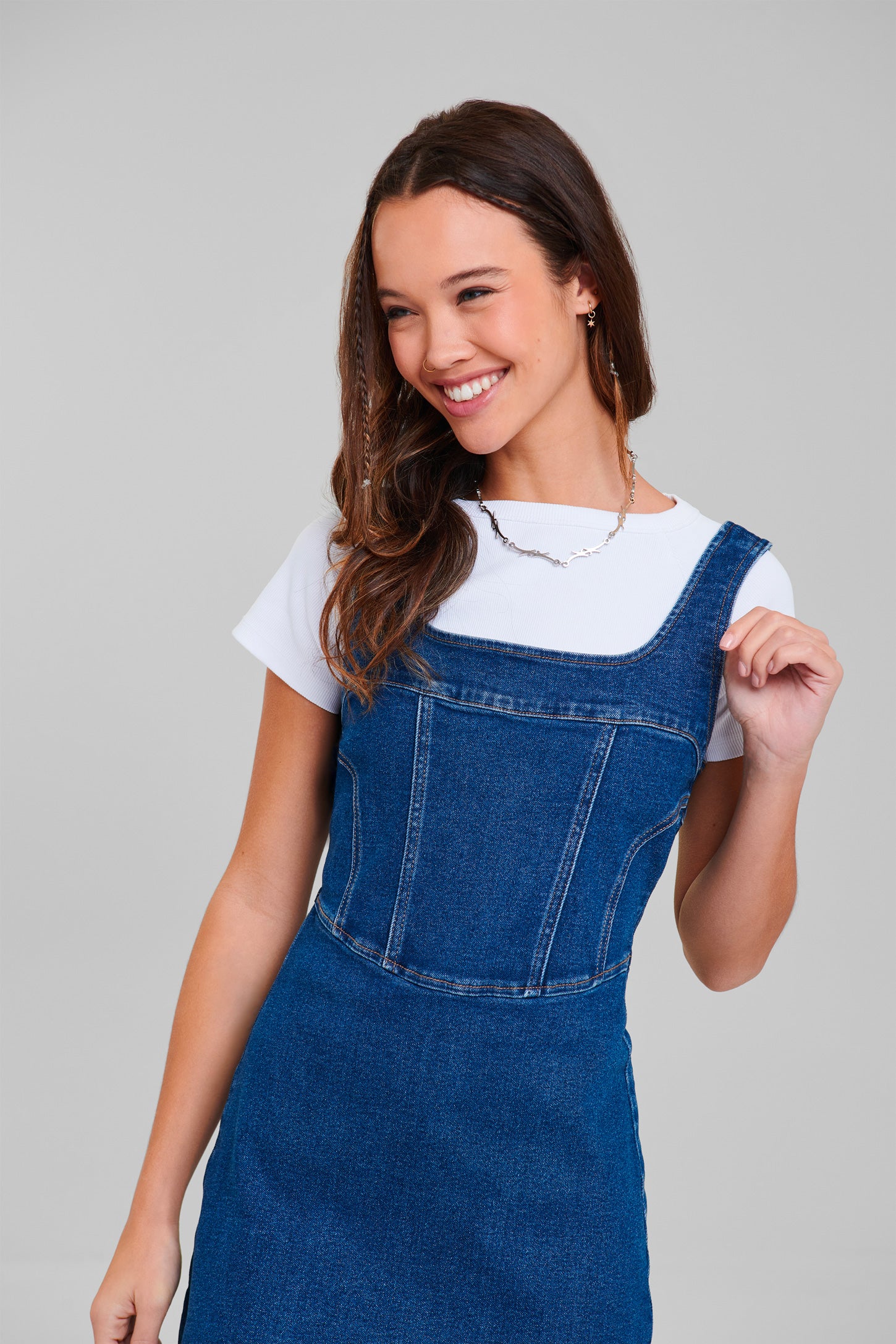 Denim zip discount up pinafore dress