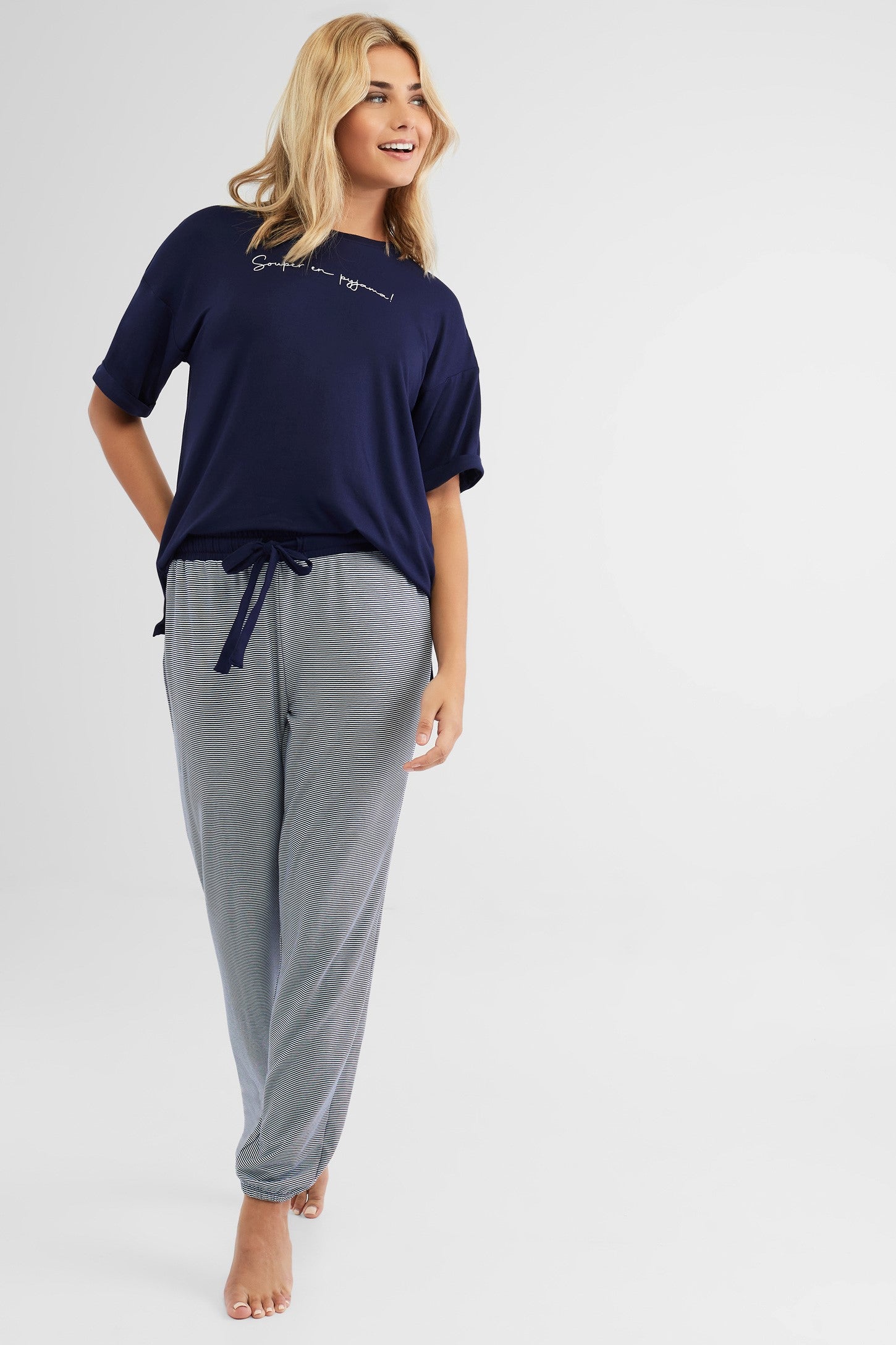 Pantalon jogger pyjama - Femme && BLANC/GRIS