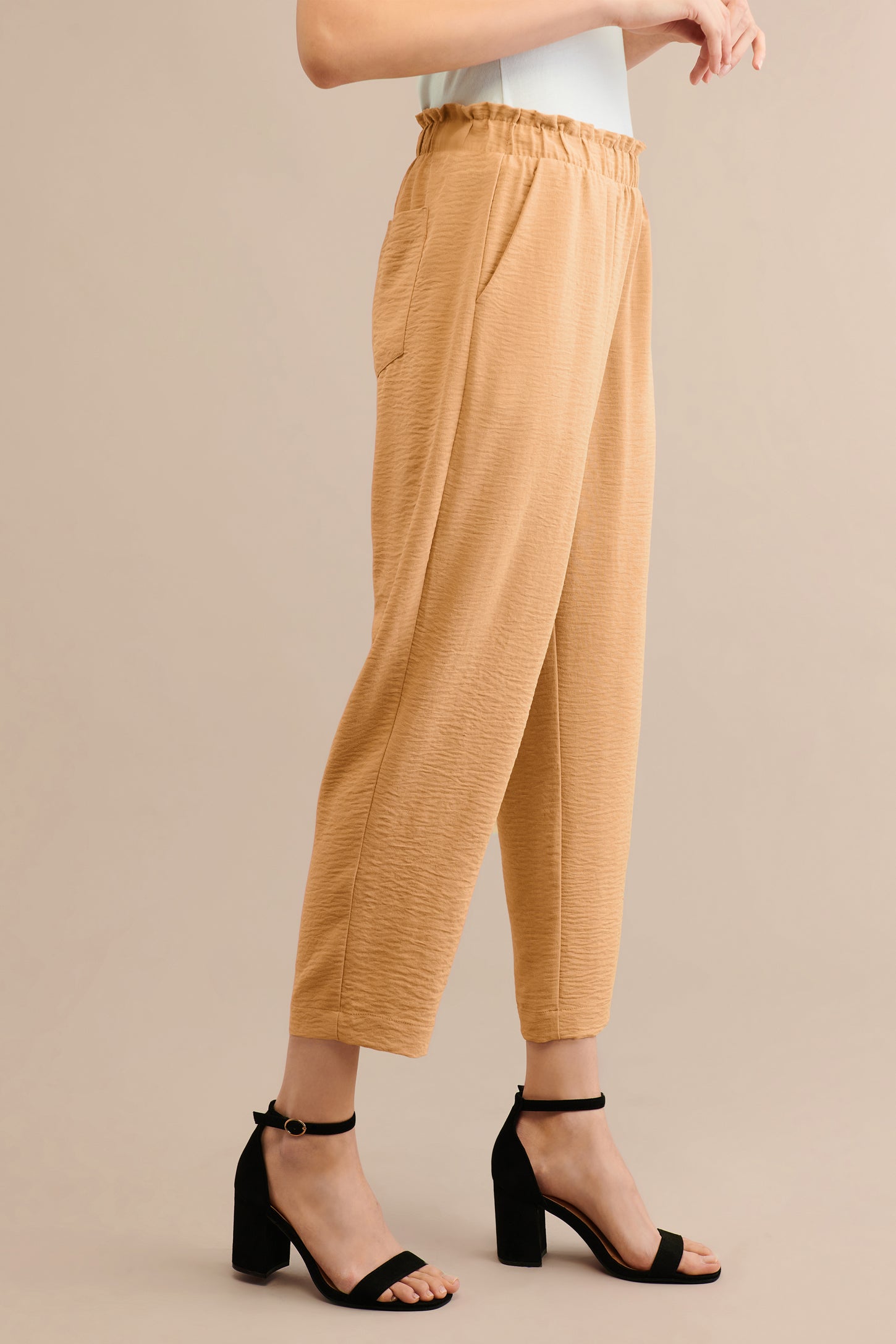 Pantalon taille élastique jambe fuselée - Femme && BEIGE