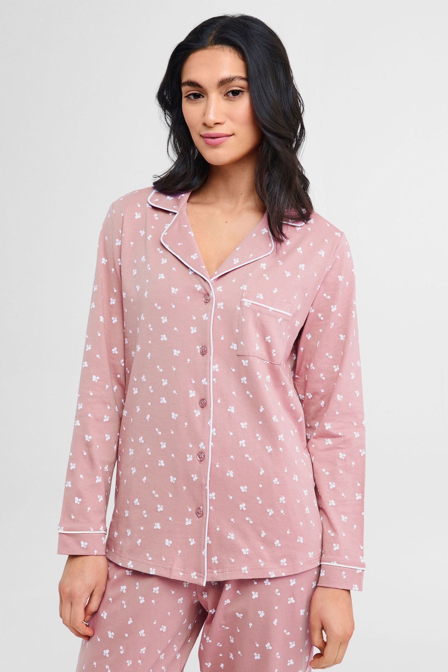 Pyjama 2-pièces chemise et pantalon coton - Femme && ROSE CENDRE