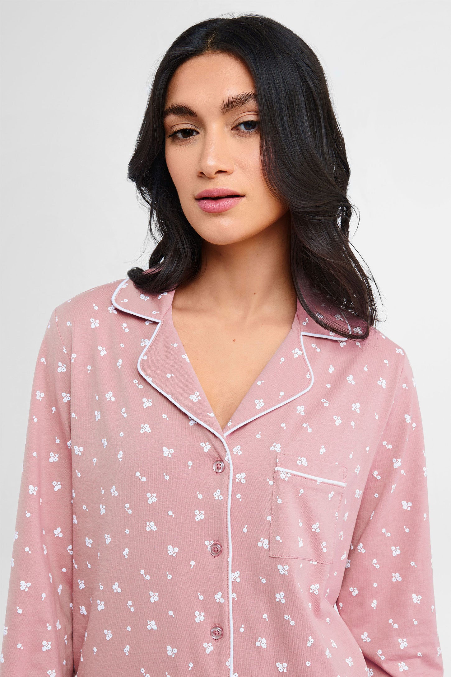 Pyjama 2-pièces chemise et pantalon coton - Femme && ROSE CENDRE