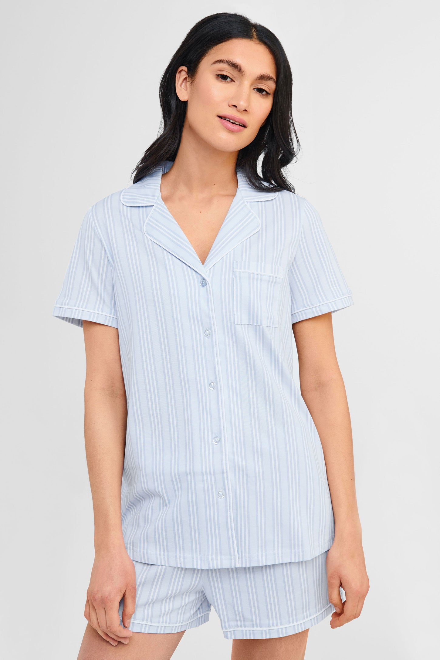 Pyjama 2-pièces chemise et short coton - Femme && BLEU PALE