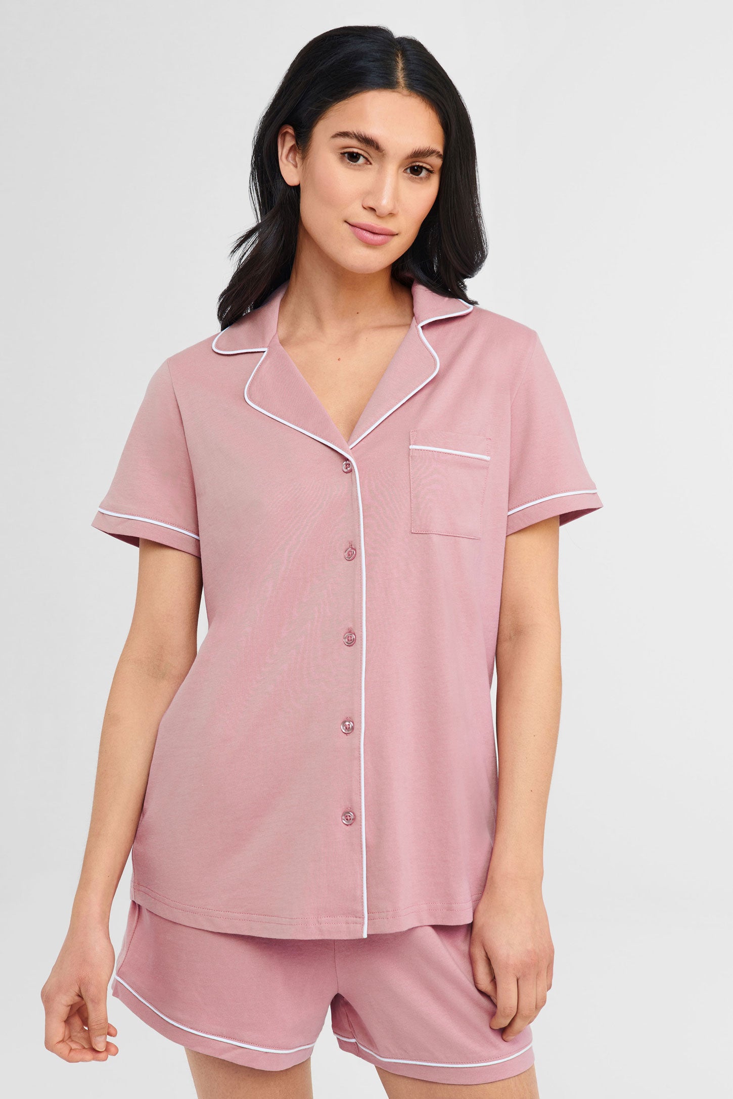 Pyjama 2-pièces chemise et short coton - Femme && ROSE CENDRE