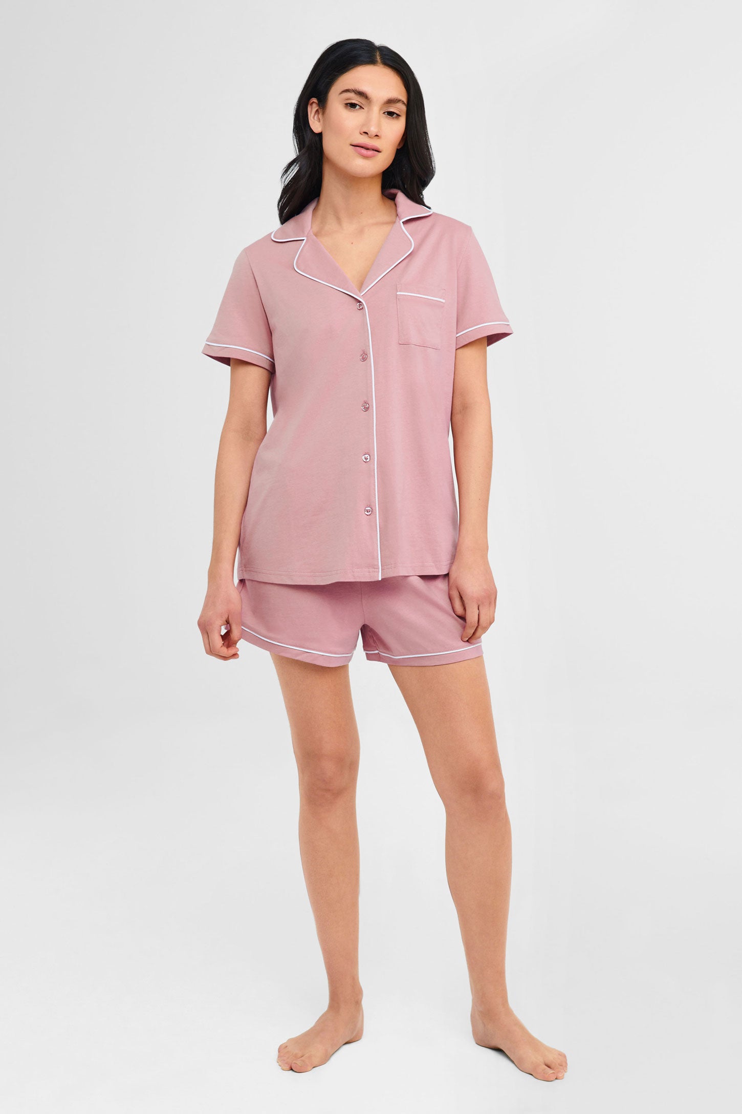 Pyjama 2-pièces chemise et short coton - Femme && ROSE CENDRE