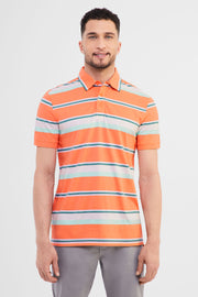 Polo manches courtes en coton rayé - Homme && CORAIL/MULTI