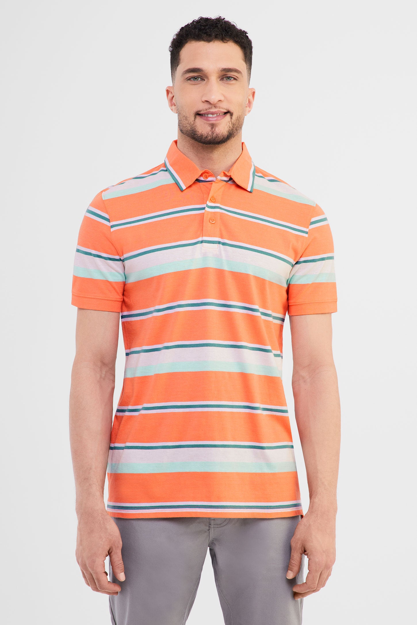 Polo manches courtes en coton rayé - Homme && CORAIL/MULTI