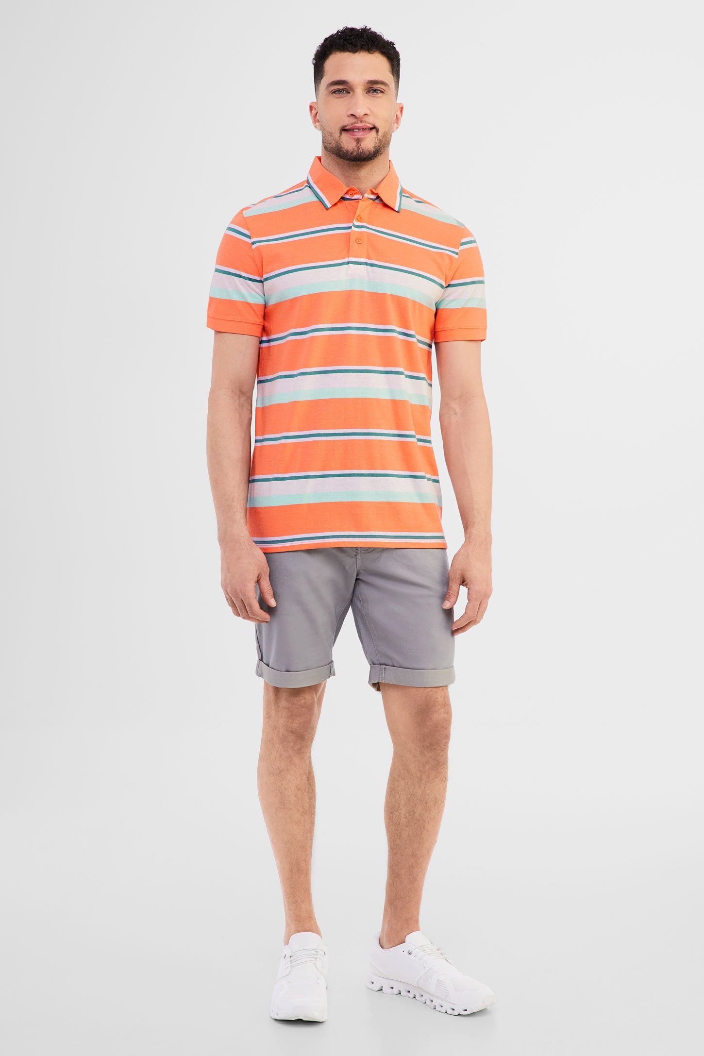 Polo manches courtes en coton rayé - Homme && CORAIL/MULTI