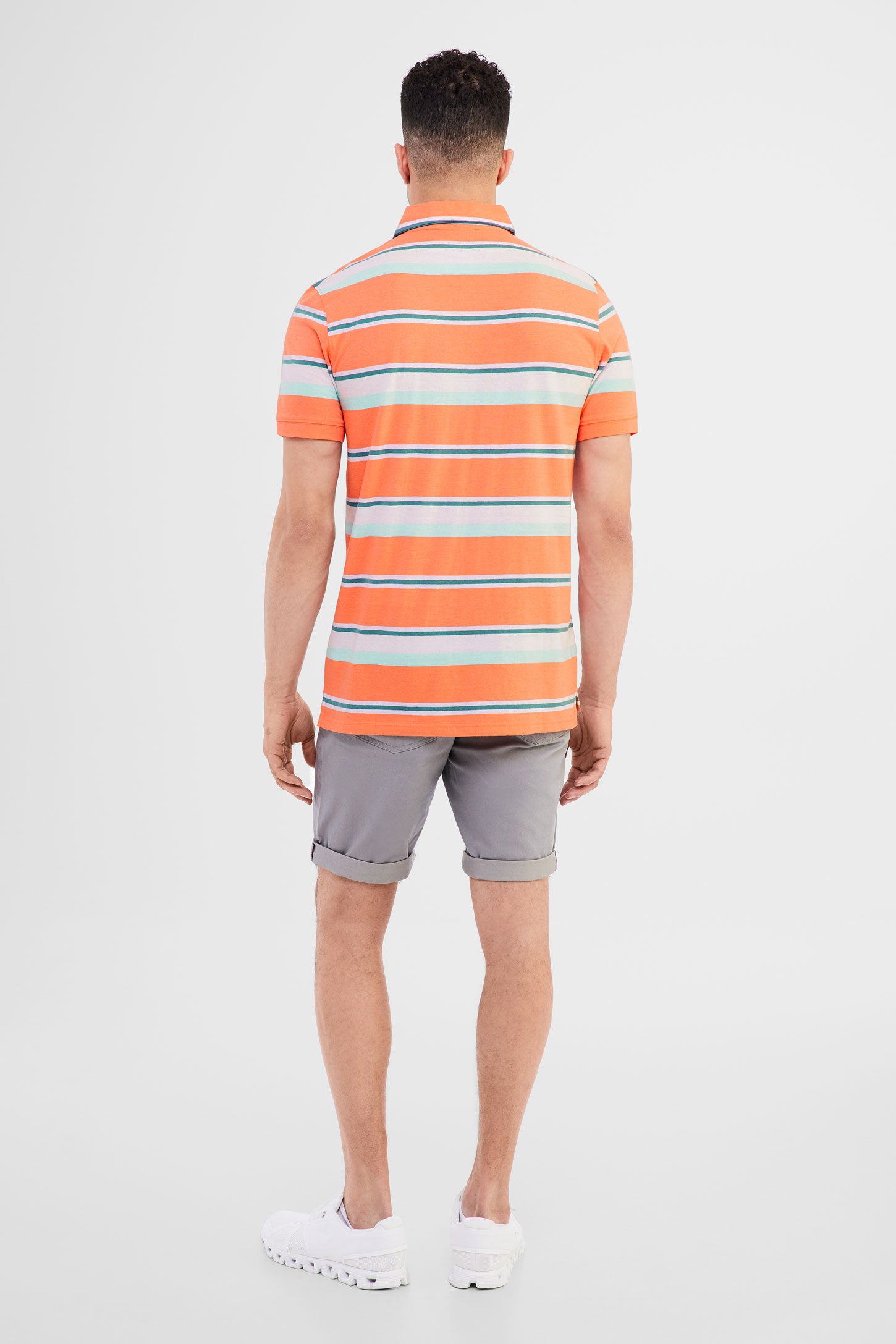 Polo manches courtes en coton rayé - Homme && CORAIL/MULTI