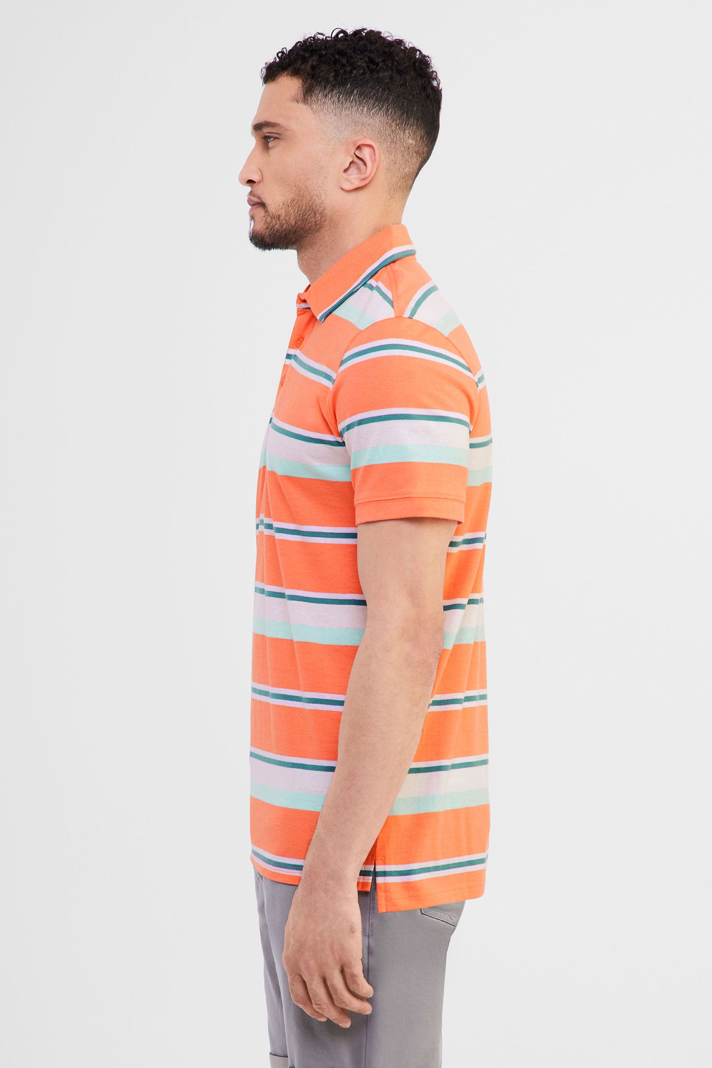 Polo manches courtes en coton rayé - Homme && CORAIL/MULTI