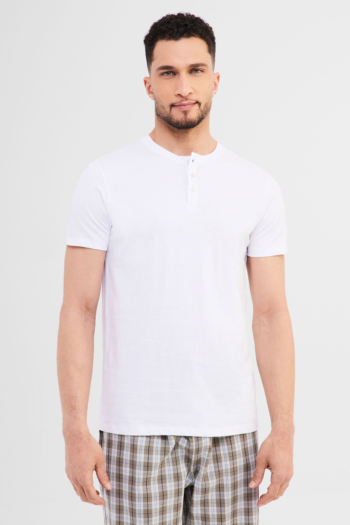 T-shirt Henley pyjama en coton - Homme && BLANC