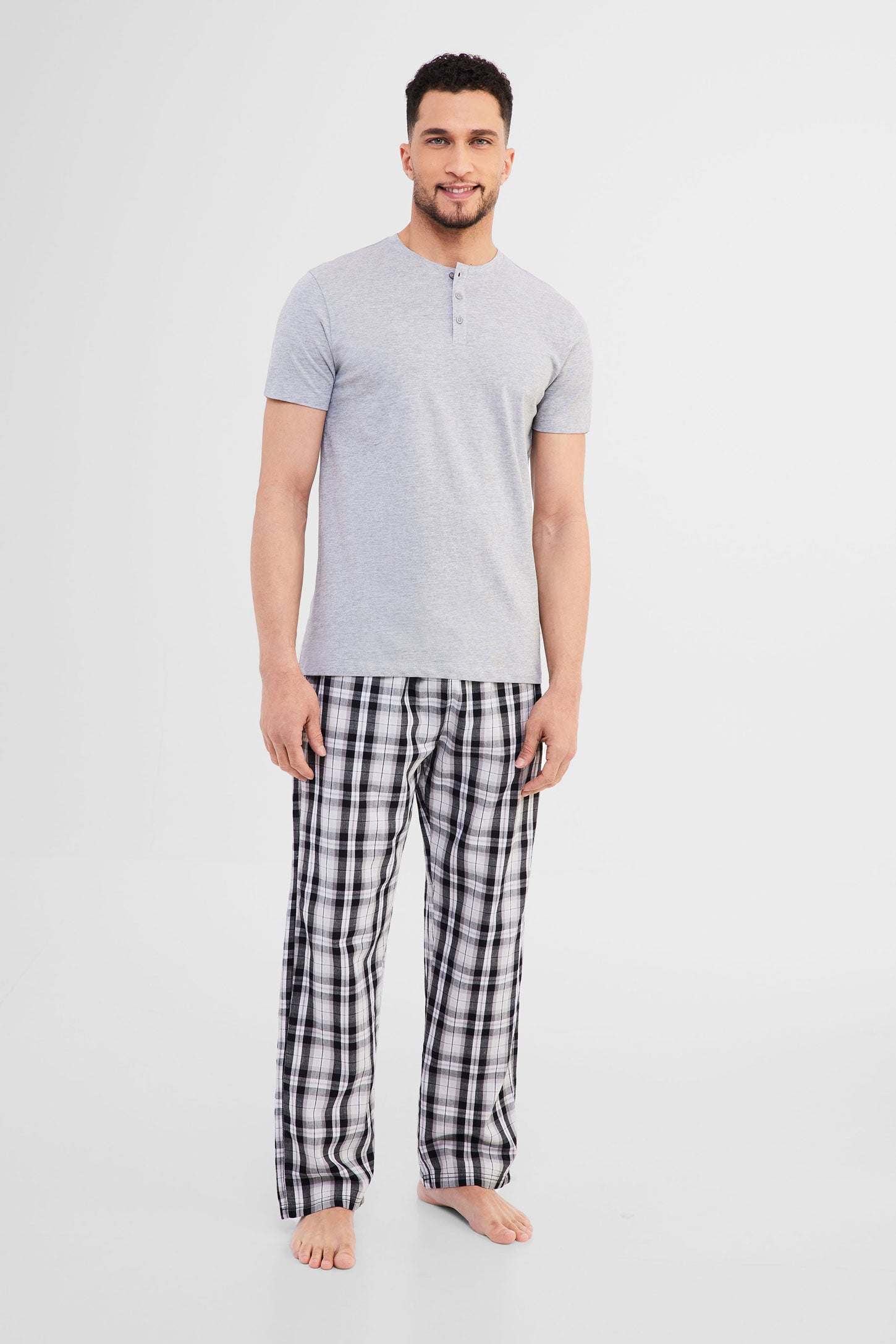 T-shirt Henley pyjama en coton - Homme && GRIS MIXTE