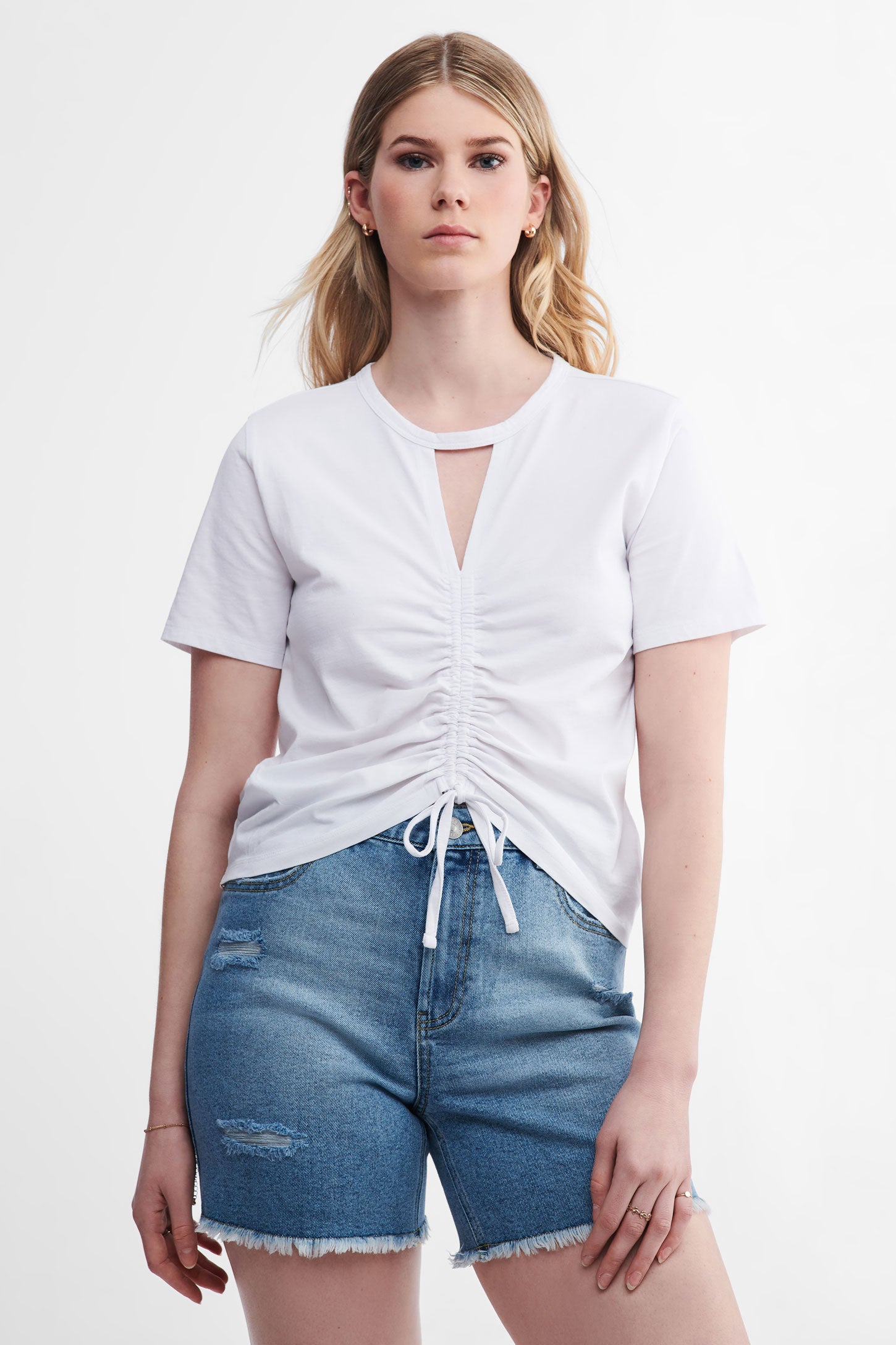 T-shirt froncé et délavé en coton - Femme && BLANC