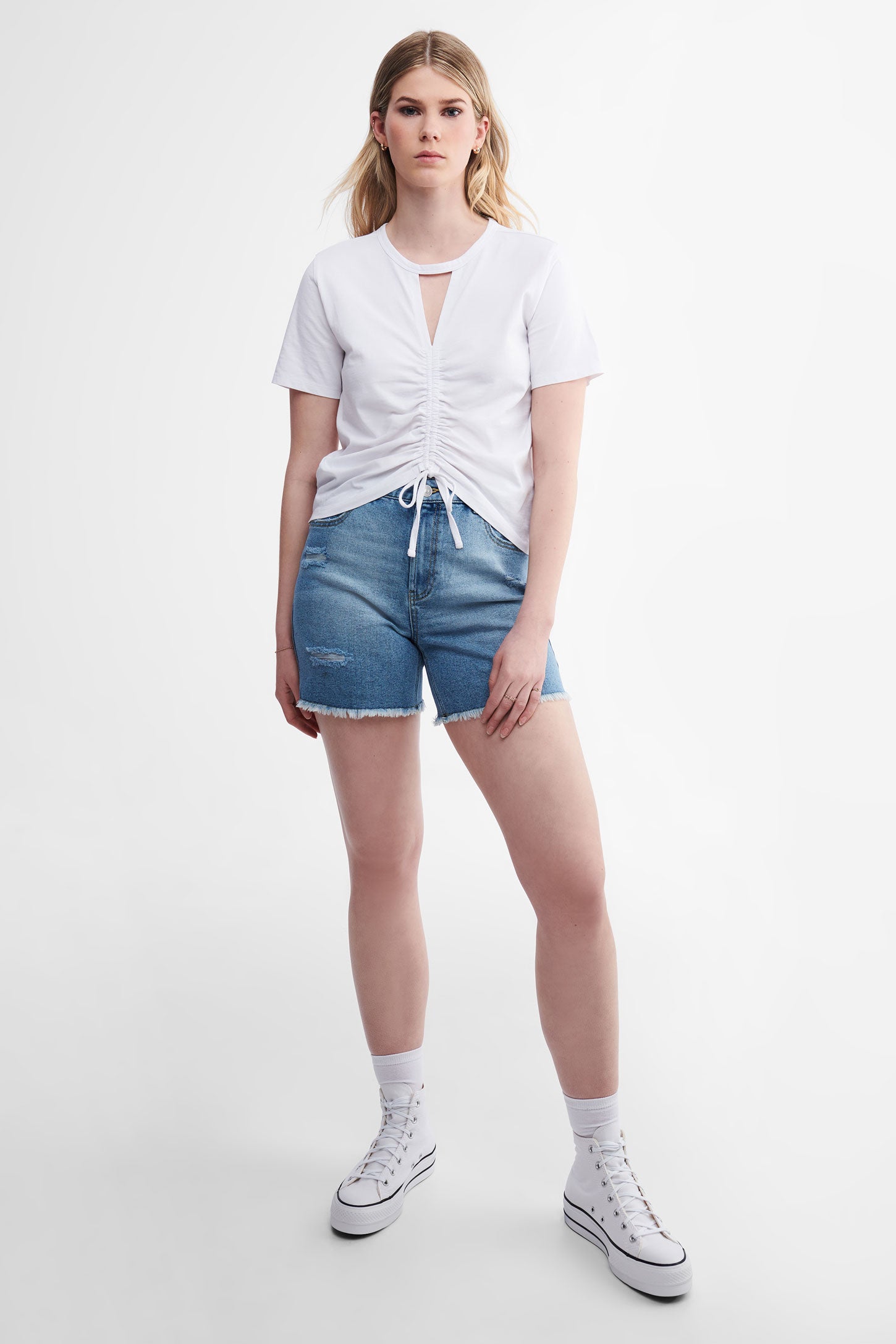 T-shirt froncé et délavé en coton - Femme && BLANC