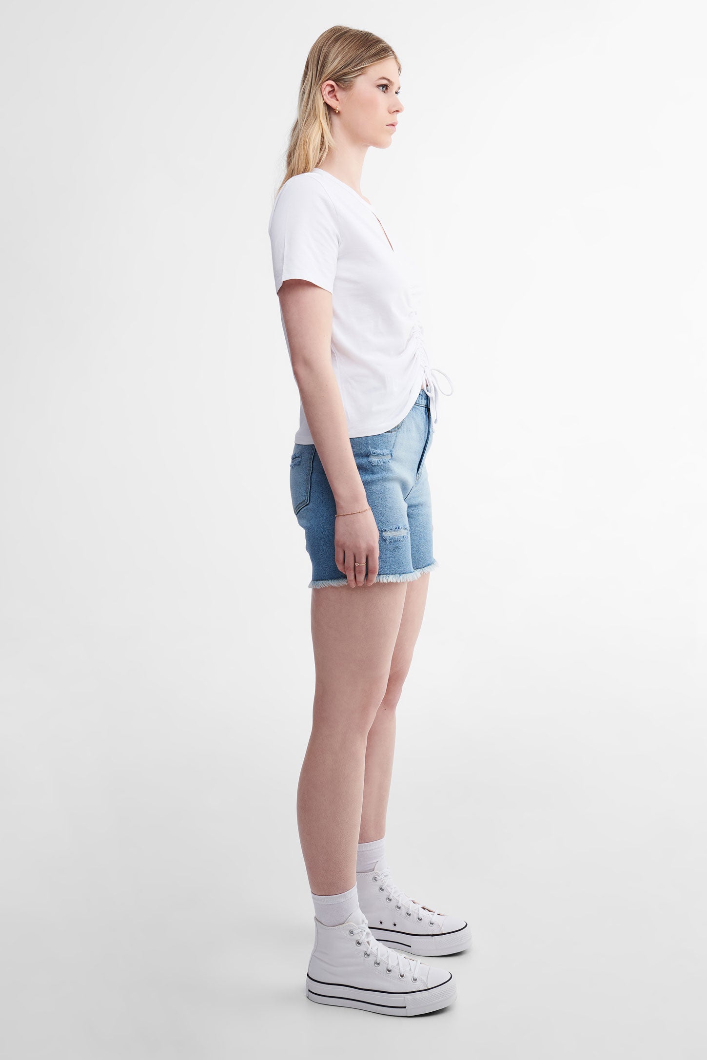 T-shirt froncé et délavé en coton - Femme && BLANC