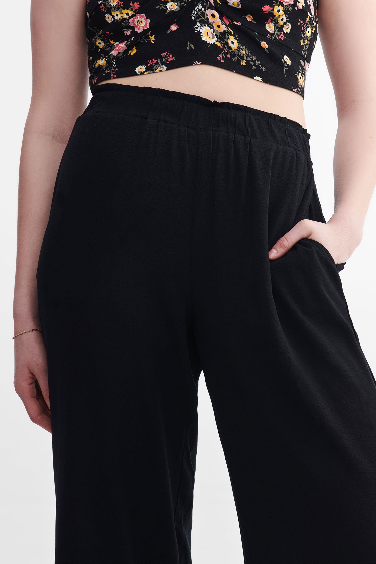 Pantalon taille élastique jambe large - Femme && NOIR