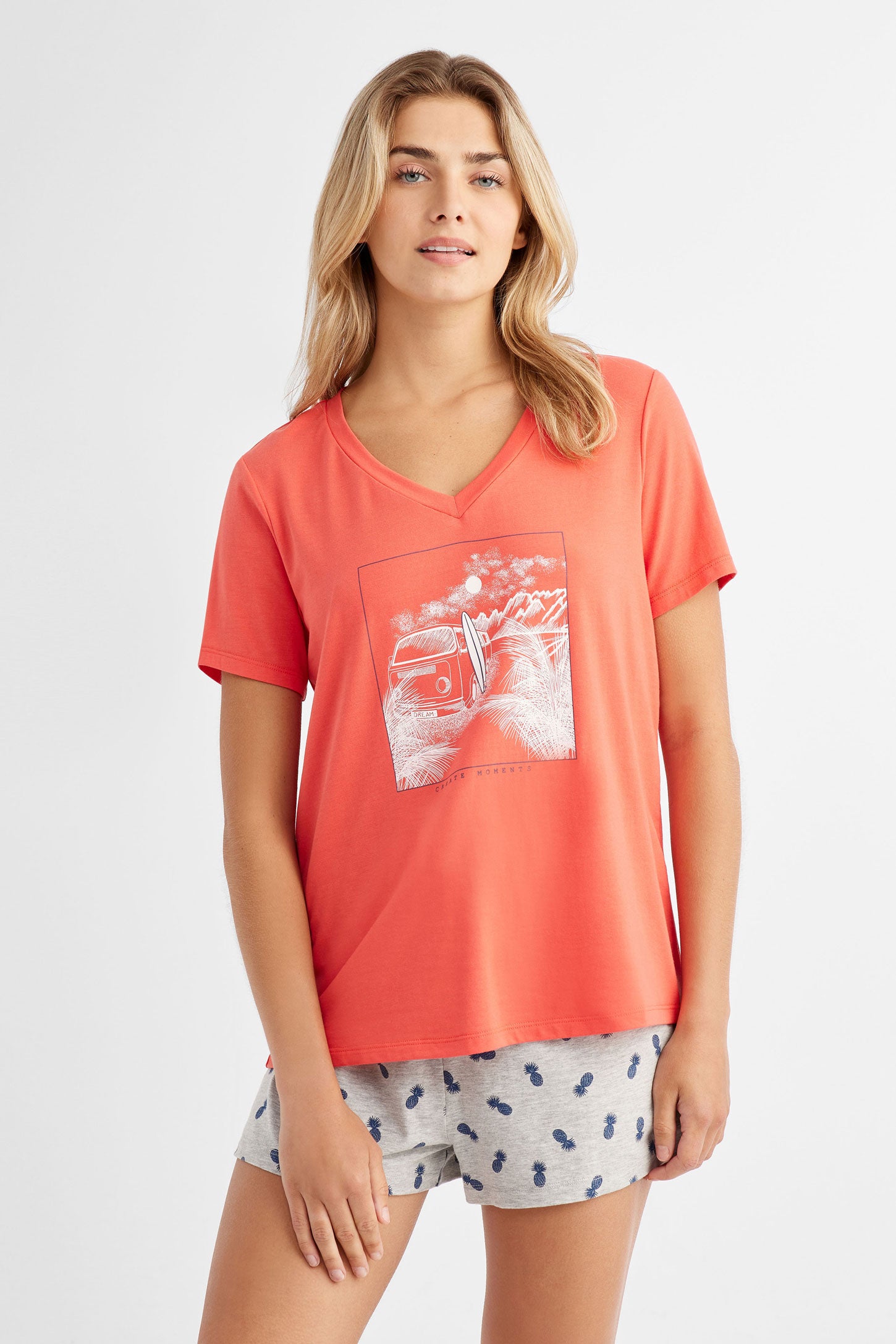 T-shirt pyjama en coton - Femme && ROUGE