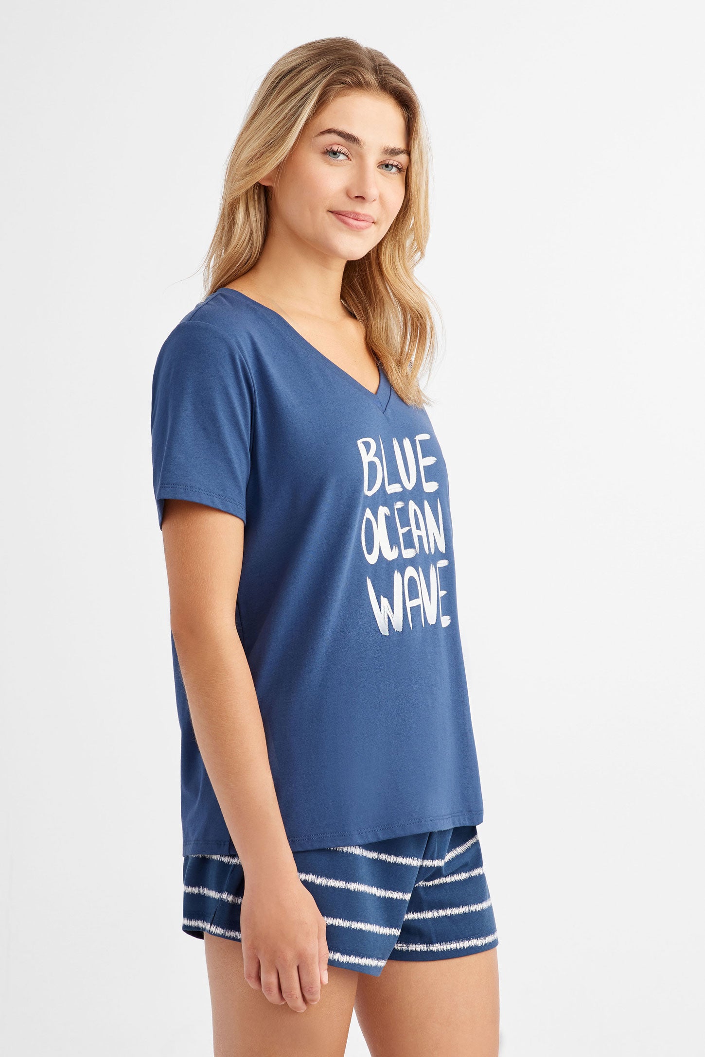 T-shirt pyjama en coton - Femme && BLEU MARINE