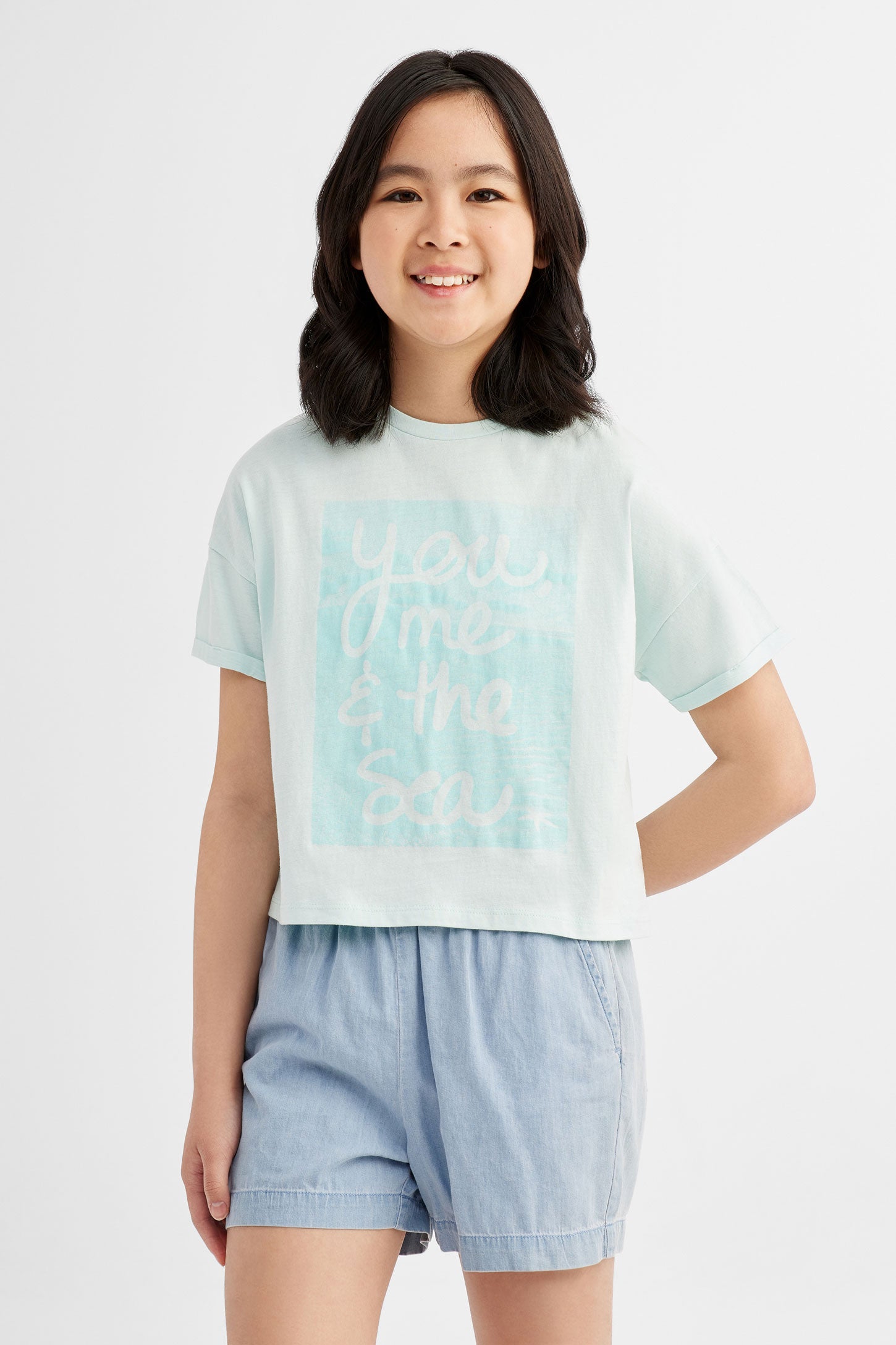 T-shirt col rond imprimé en coton, 2/25$ -Ado fille && BLEU