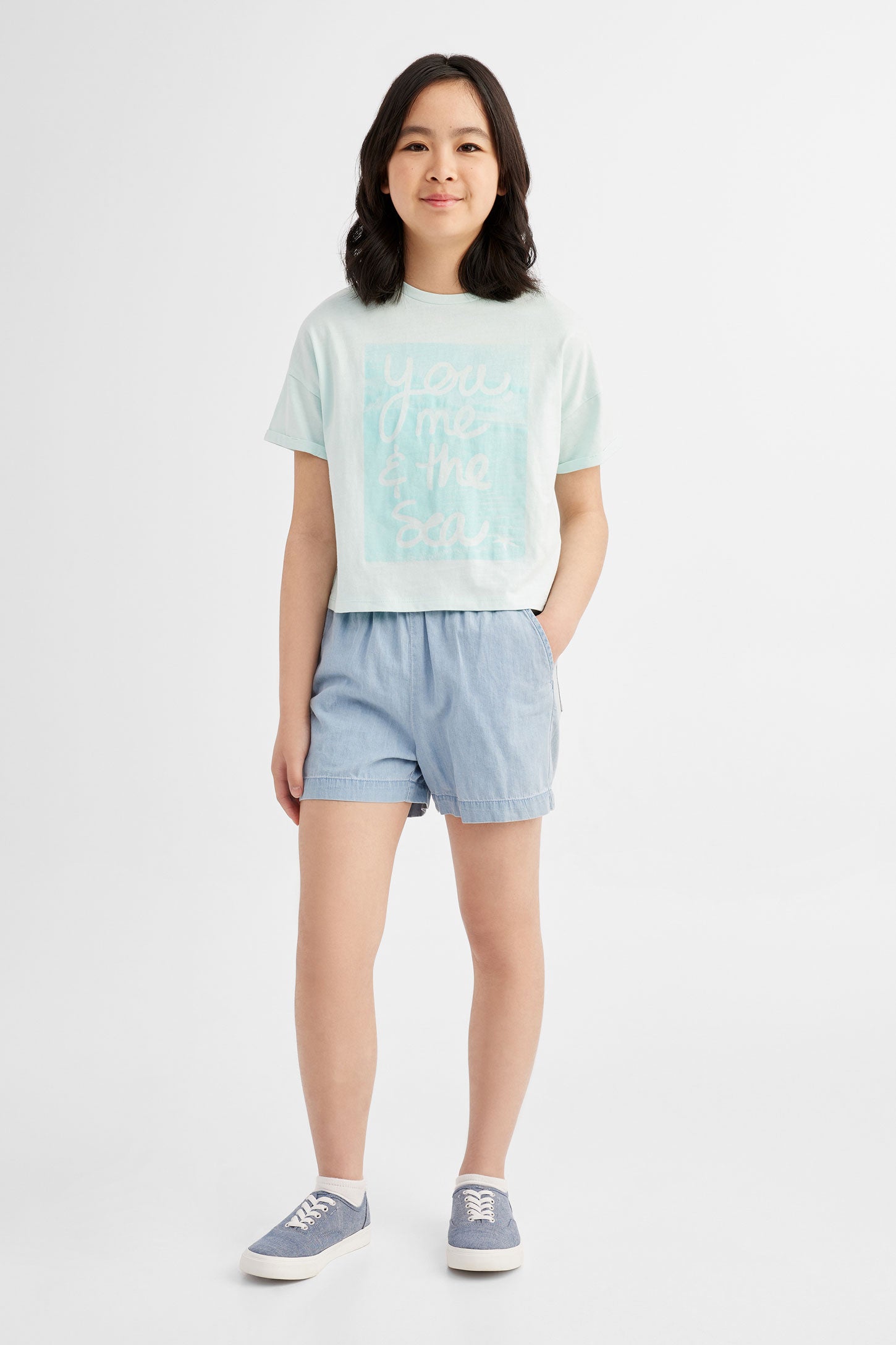 T-shirt col rond imprimé en coton, 2/25$ -Ado fille && BLEU