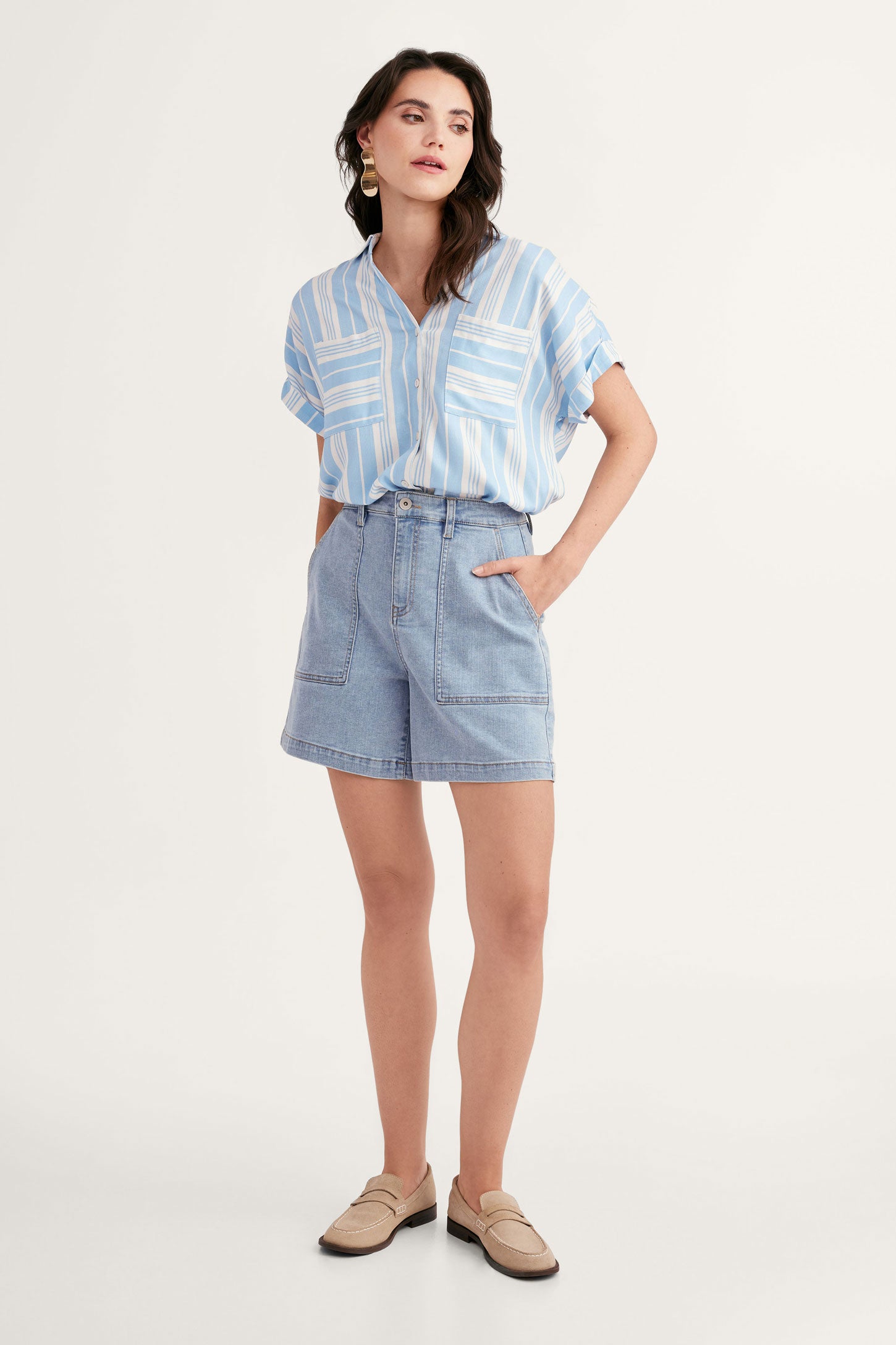 Short en jeans jambe évasée Lyocell - Femme && DENIM PALE