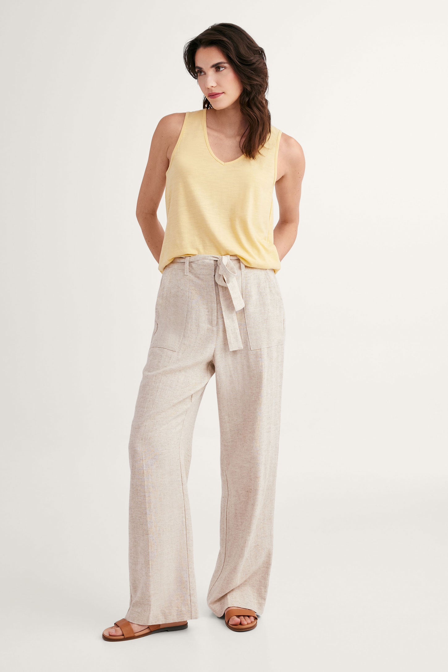 Pantalon jambe large lin - Femme && BEIGE