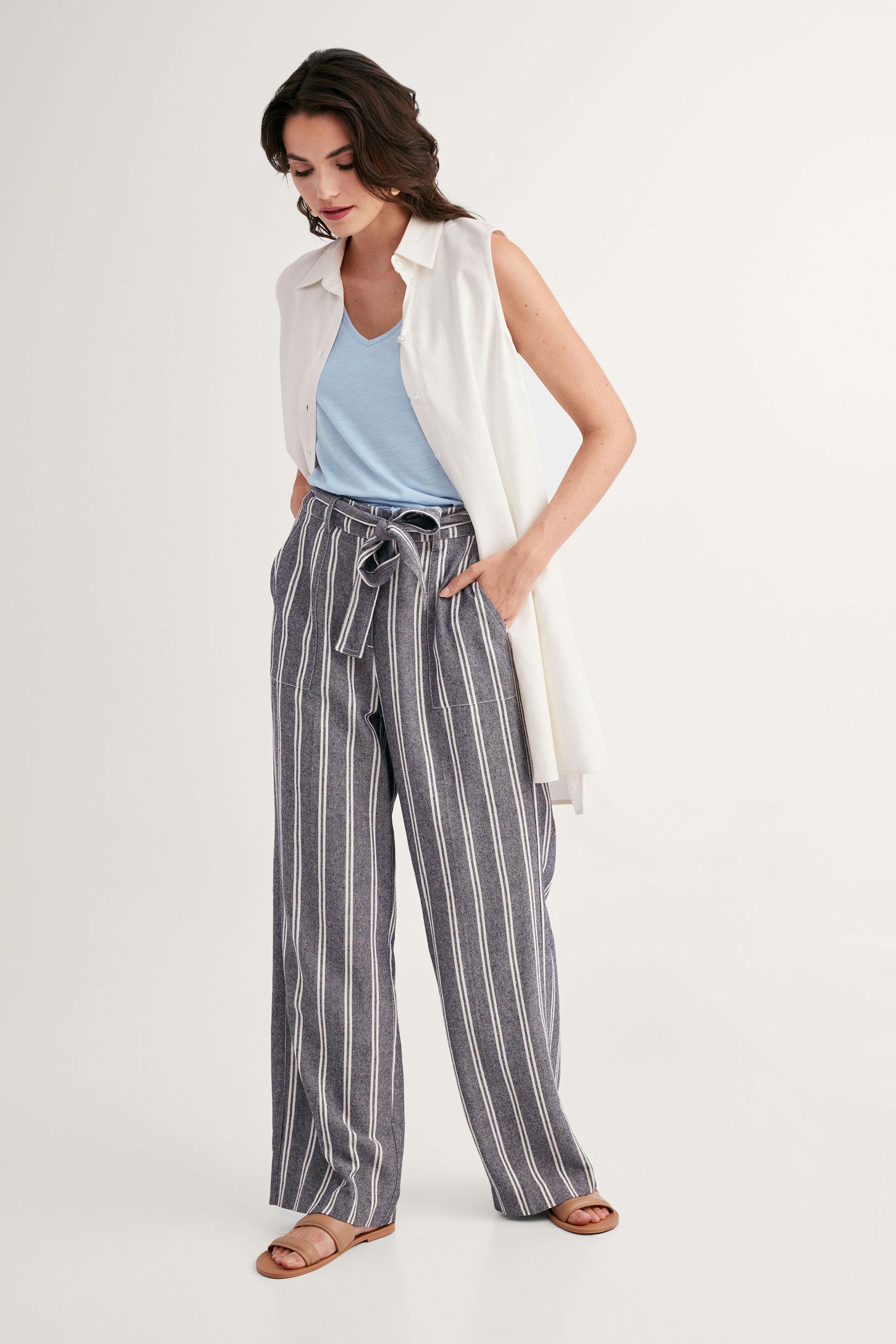 Pantalon jambe large lin - Femme && MARIN/MULTI