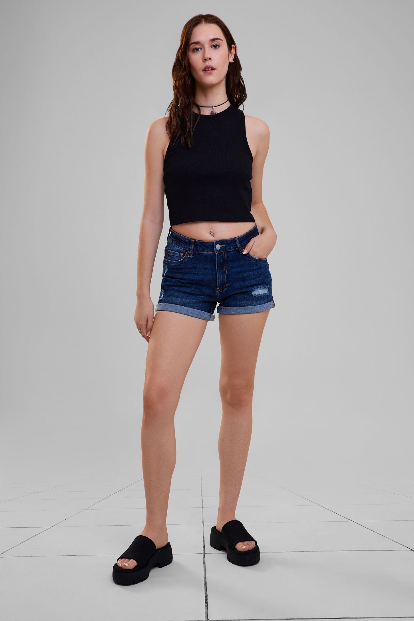 Short Mom taille haute en jeans - Femme && DENIM MOYEN